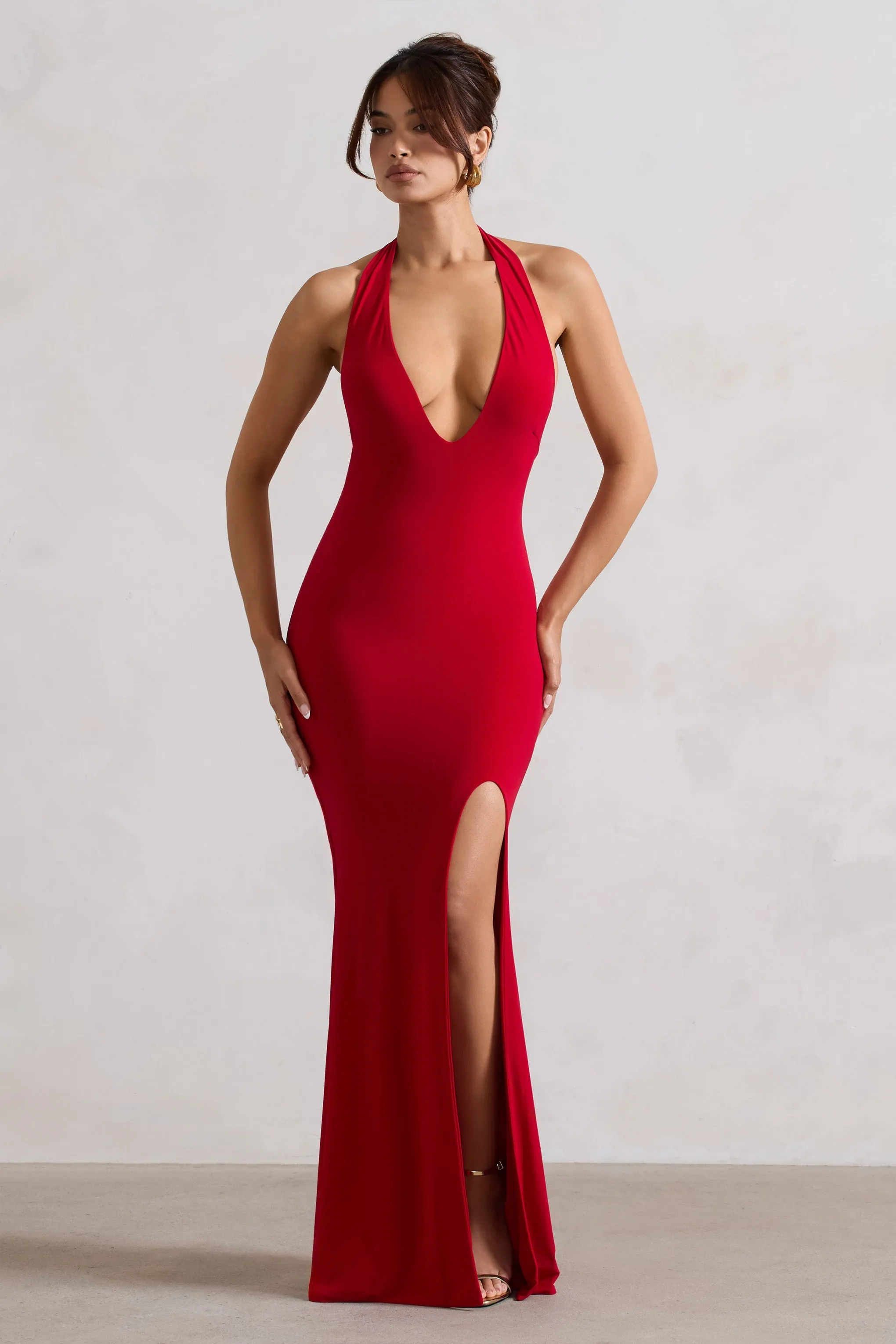 Glamour | Red Backless V Plunge Halter Neck Maxi Dress With Side Split sold by Club L London product image thumbnail 5