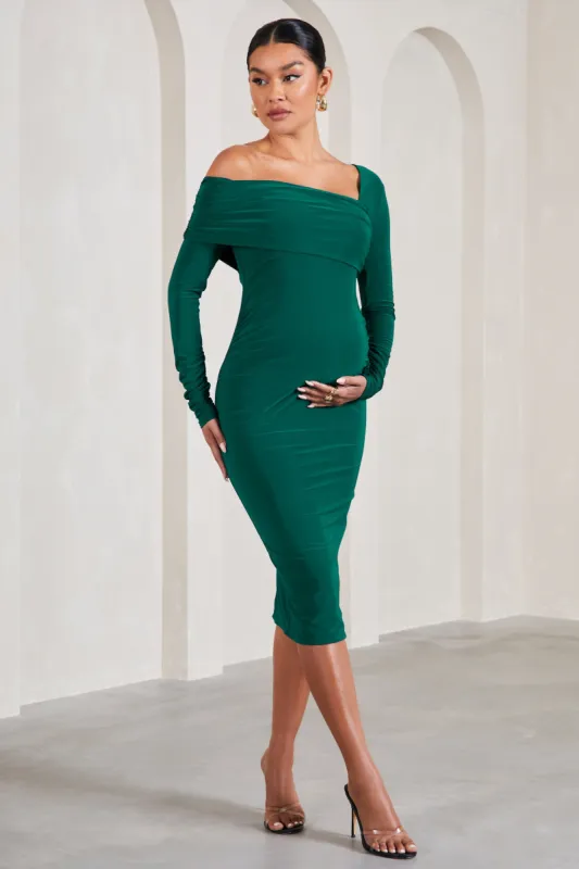 Heartbeat | Bottle Green One-Shoulder Long-Sleeved Maternity Midi Dress sold by Club L London