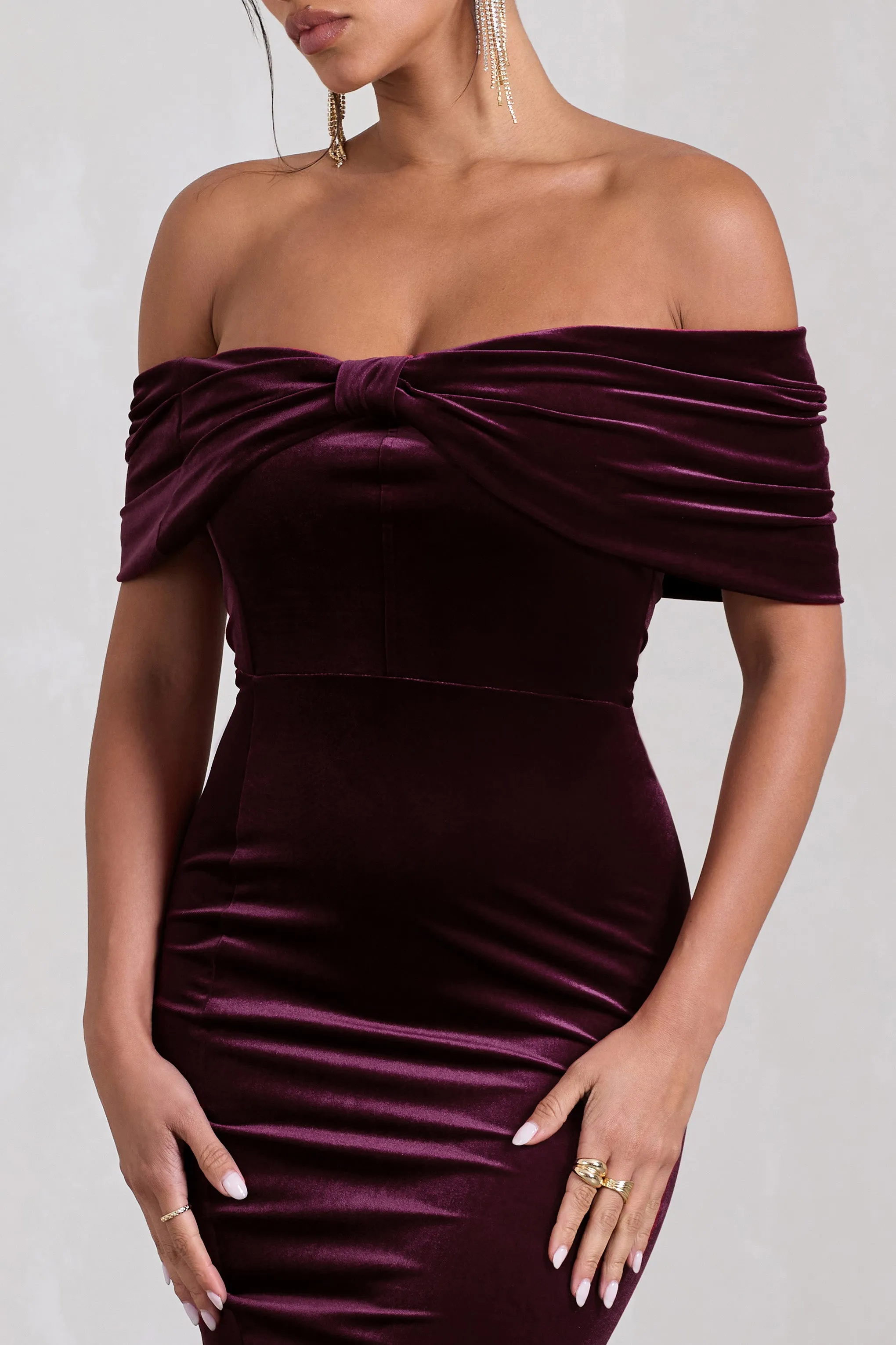 Snowflake | Port Velvet Bardot Bow Detail Midi Dress sold by Club L London product image thumbnail 3