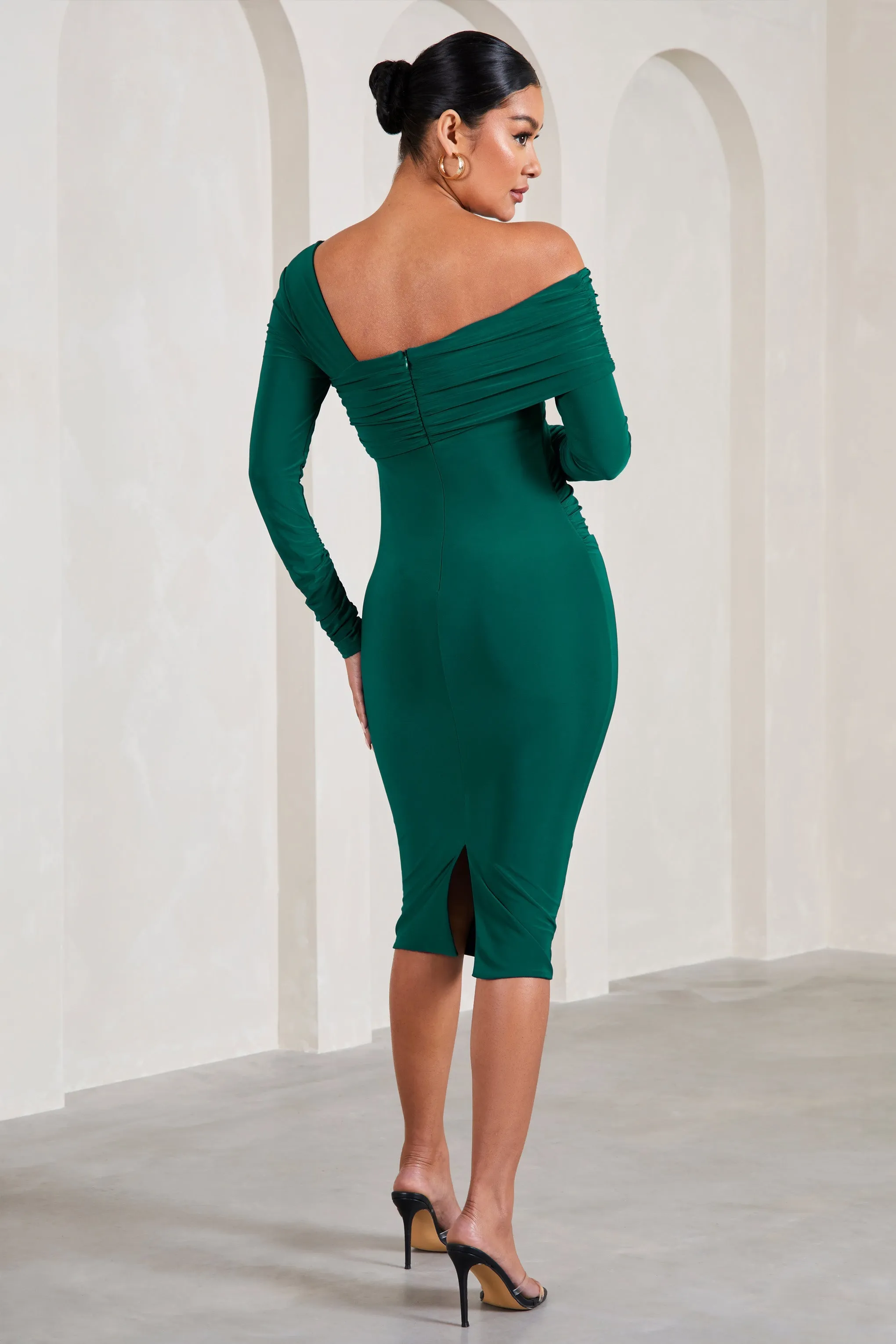 Heartbeat | Bottle Green One-Shoulder Long-Sleeved Maternity Midi Dress sold by Club L London product image thumbnail 2