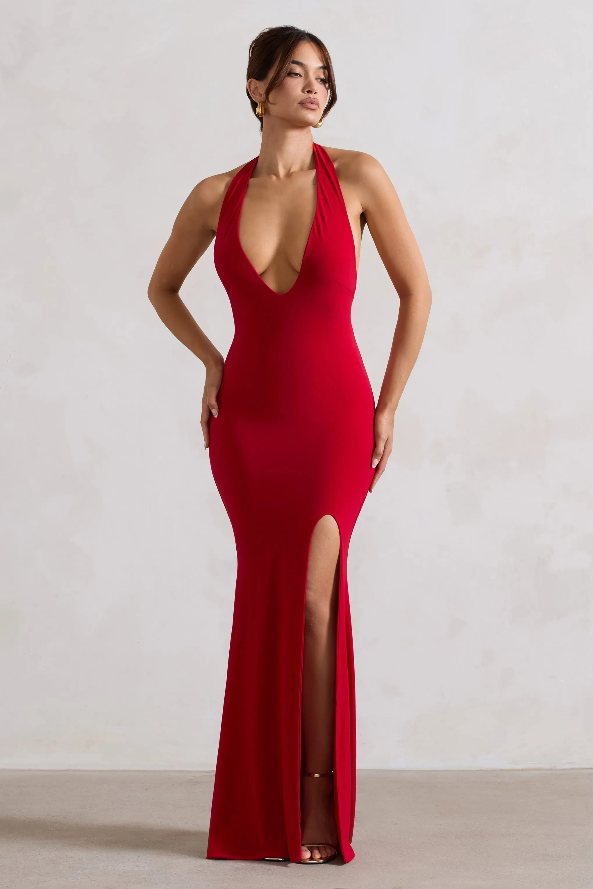 Glamour | Red Backless V Plunge Halter Neck Maxi Dress With Side Split sold by Club L London