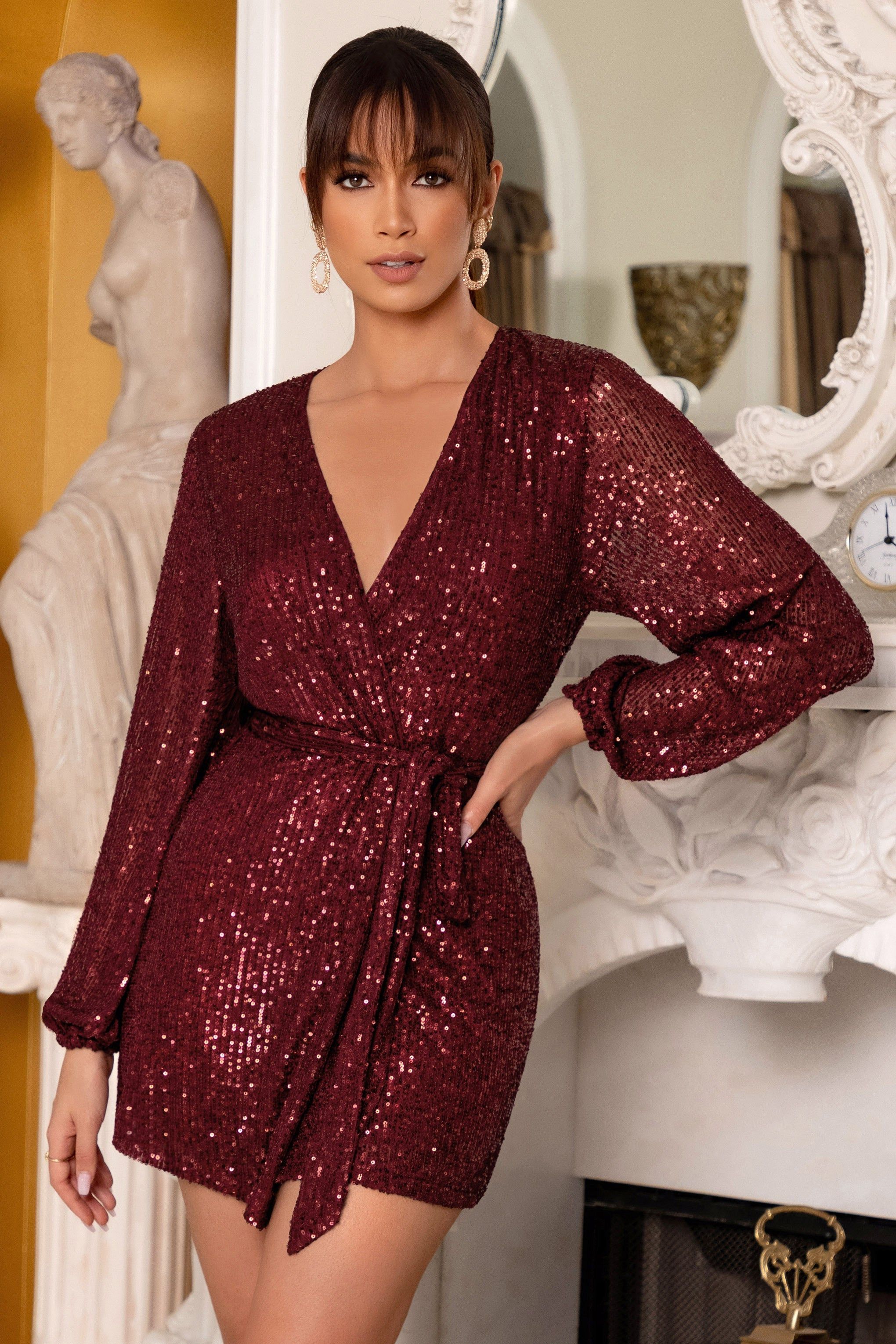 In Awe | Petite Berry Sequin Wrap Long Sleeve Belted Mini Dress sold by Club L London