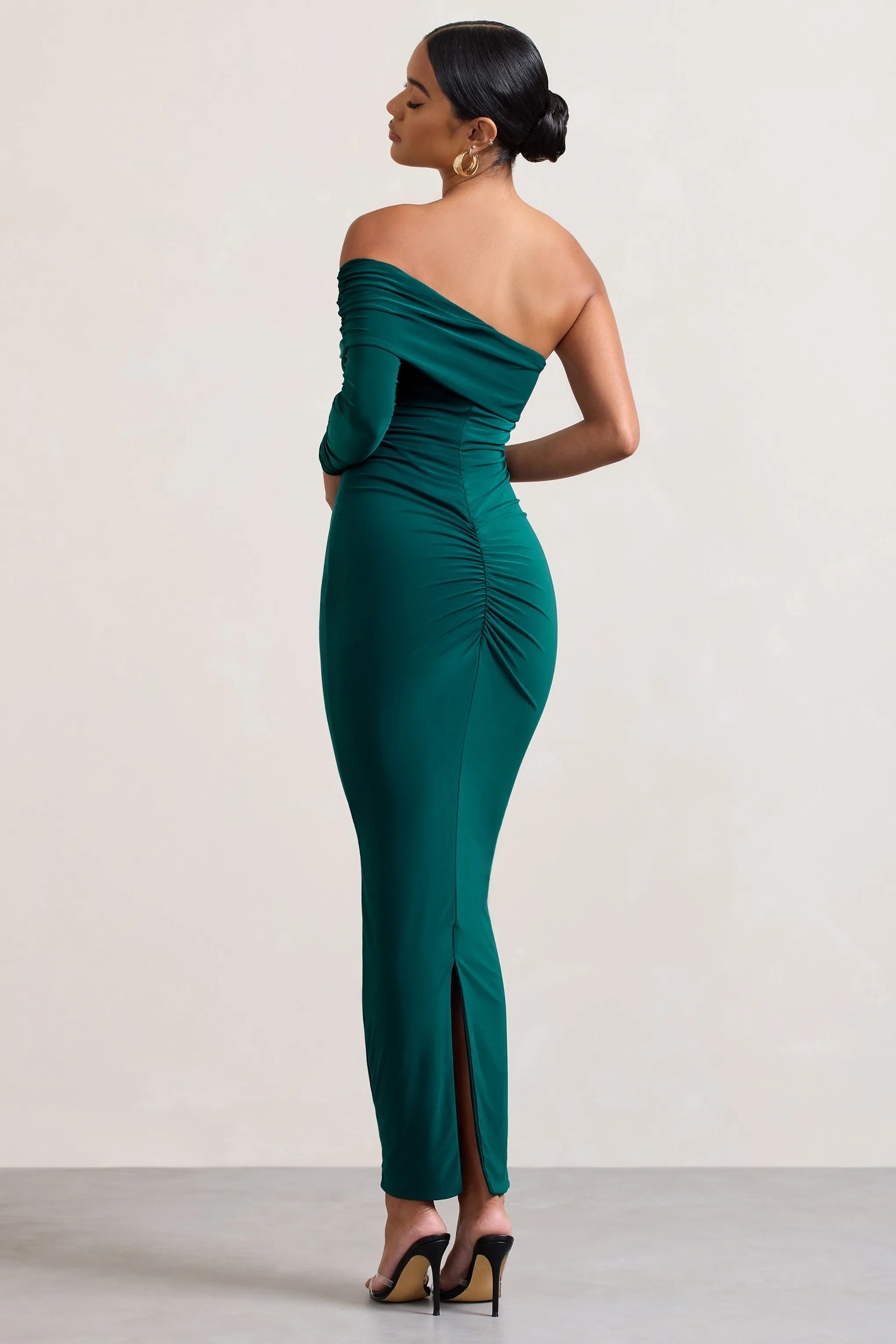 Afterparty | Bottle Green Ruched Asymmetric Bodycon Maxi Dress sold by Club L London product image thumbnail 2