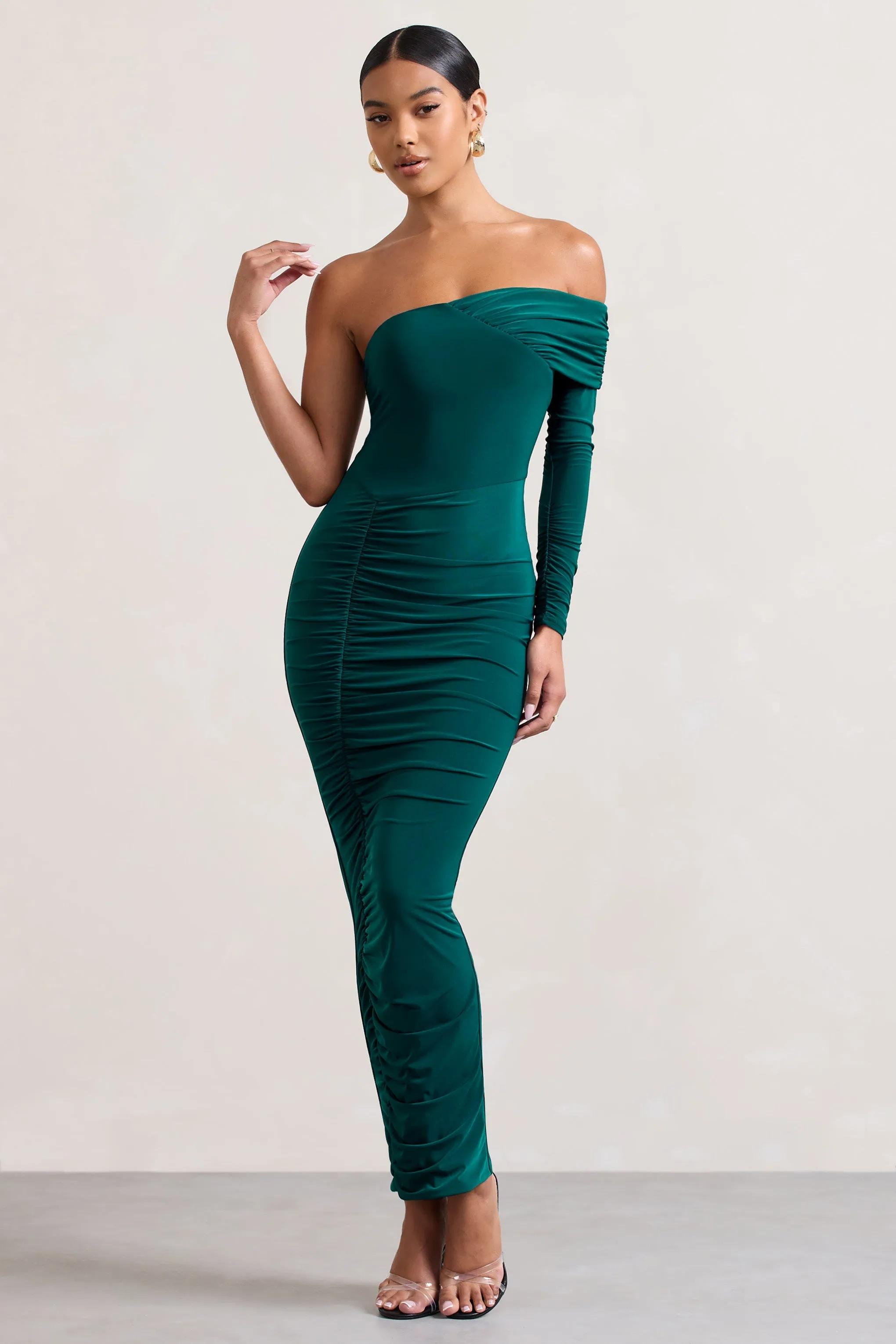 Afterparty | Bottle Green Ruched Asymmetric Bodycon Maxi Dress sold by Club L London product image thumbnail 4