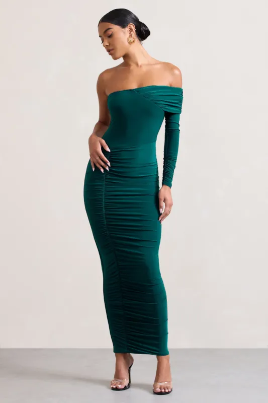 Afterparty | Bottle Green Ruched Asymmetric Bodycon Maxi Dress made by Club L London