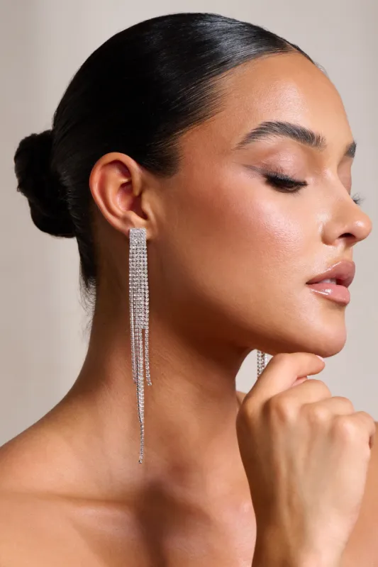 Bridget | Silver Diamante Long Chain Earrings sold by Club L London