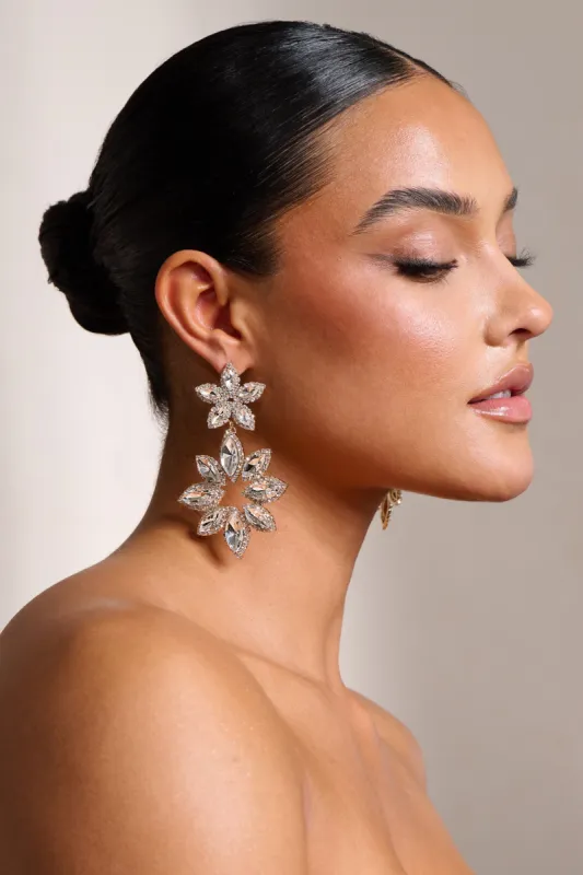 Feleicia | Gold Diamante Flower Drop Earrings sold by Club L London