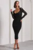 Between The Lines | Black Ruched Mesh Long-Sleeved Bodycon Midi Dress sold by Club L London