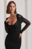 Between The Lines | Black Ruched Mesh Long-Sleeved Bodycon Midi Dress sold by Club L London