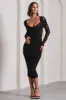 Between The Lines | Black Ruched Mesh Long-Sleeved Bodycon Midi Dress sold by Club L London