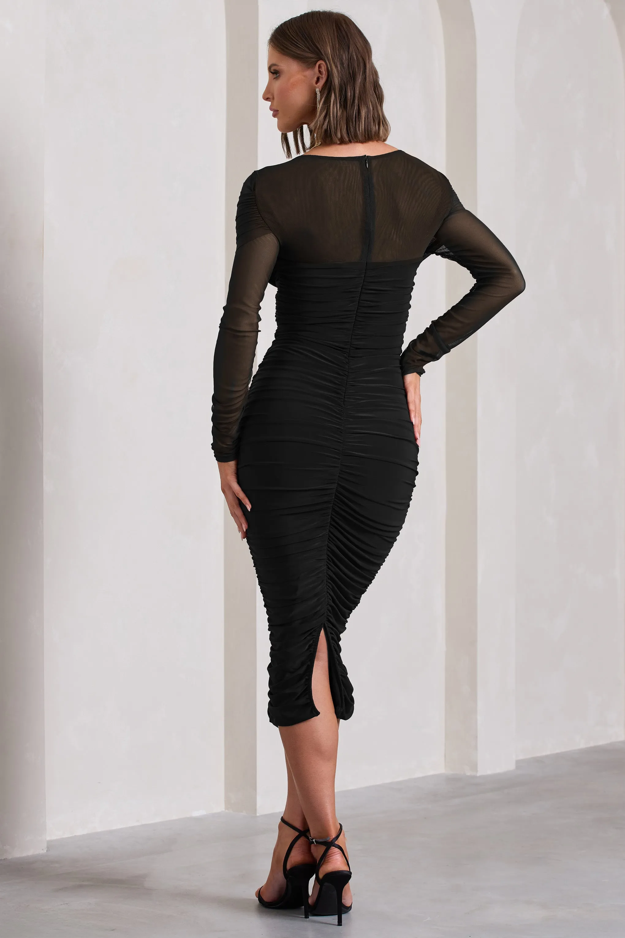 Between The Lines | Black Ruched Mesh Long-Sleeved Bodycon Midi Dress sold by Club L London product image thumbnail 2