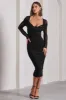Between The Lines | Black Ruched Mesh Long-Sleeved Bodycon Midi Dress sold by Club L London