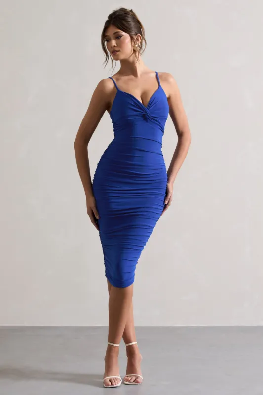 Desired | Royal Blue Knot Detail Ruched Midi Dress sold by Club L London