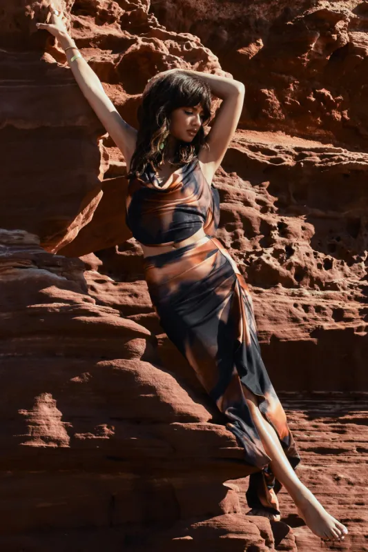 La Belle | Orange Smoke Print Ruffle Maxi Skirt With Thigh Split sold by Club L London