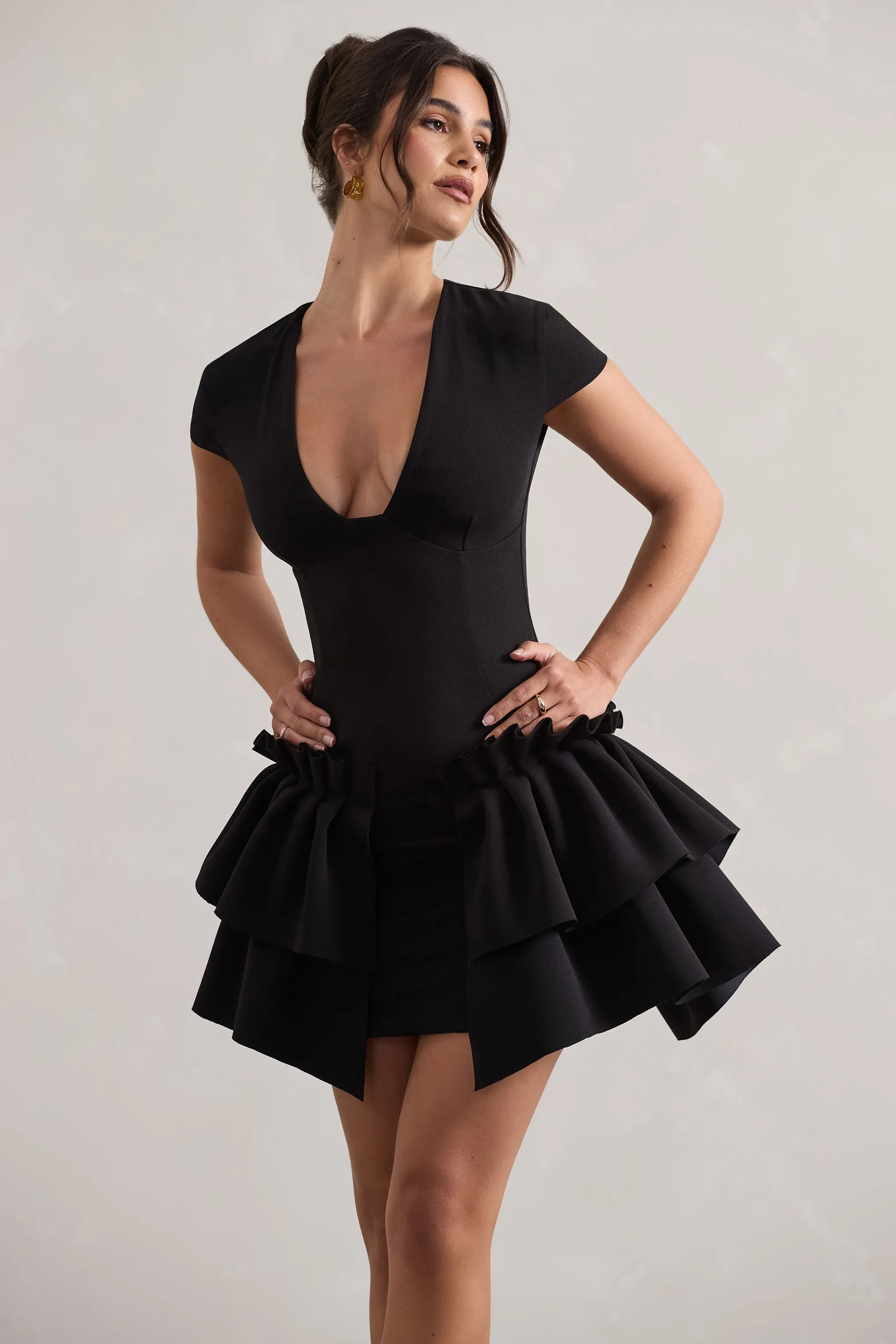 Genevieve | Black Plunge-Neck Mini Dress With Layered Hem sold by Club L London product image thumbnail 3