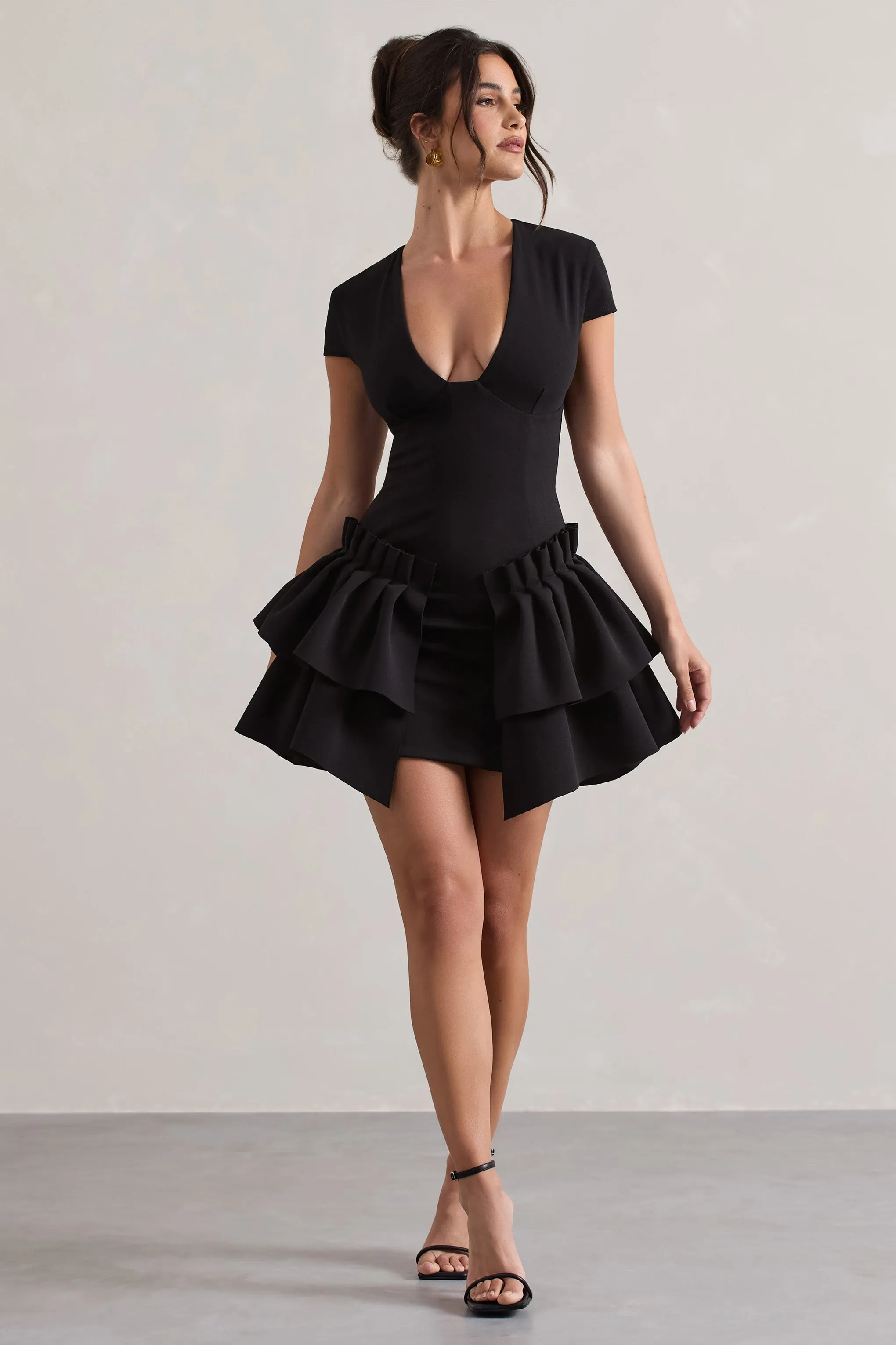 Genevieve | Black Plunge-Neck Mini Dress With Layered Hem sold by Club L London