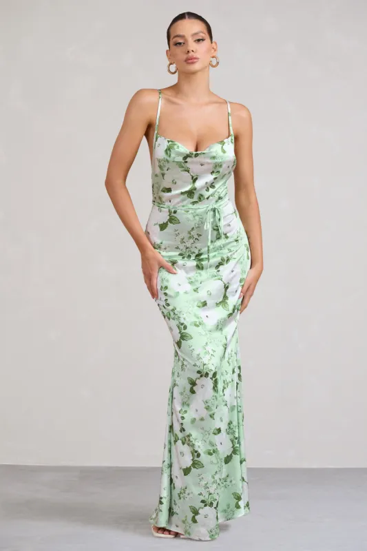 Lifetime | Green Floral Print Satin Cowl Neck Maxi Dress With Cross Back Detail sold by Club L London