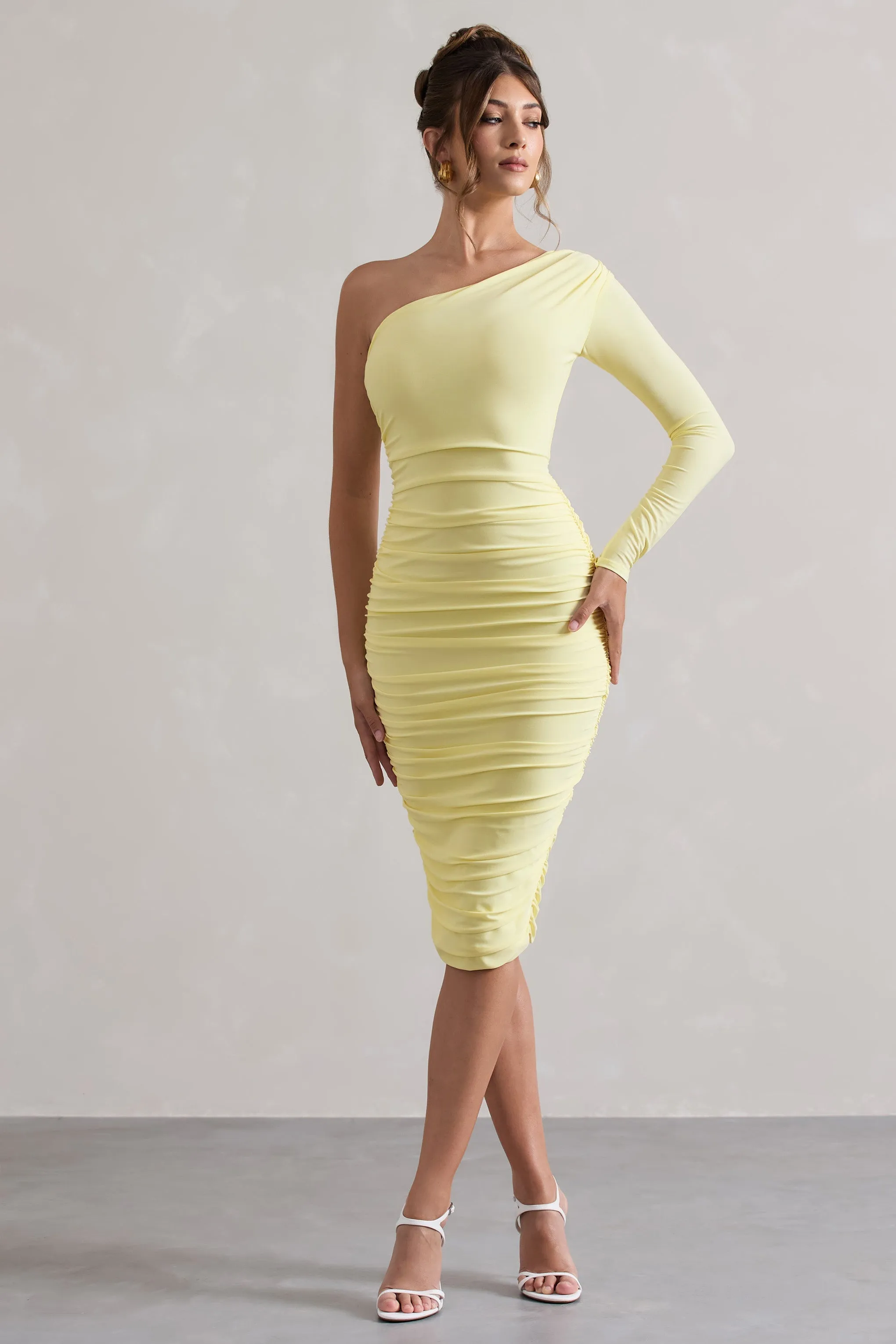 In The Shadows | Yellow One Sleeve Midi Dress With Ruching sold by Club L London