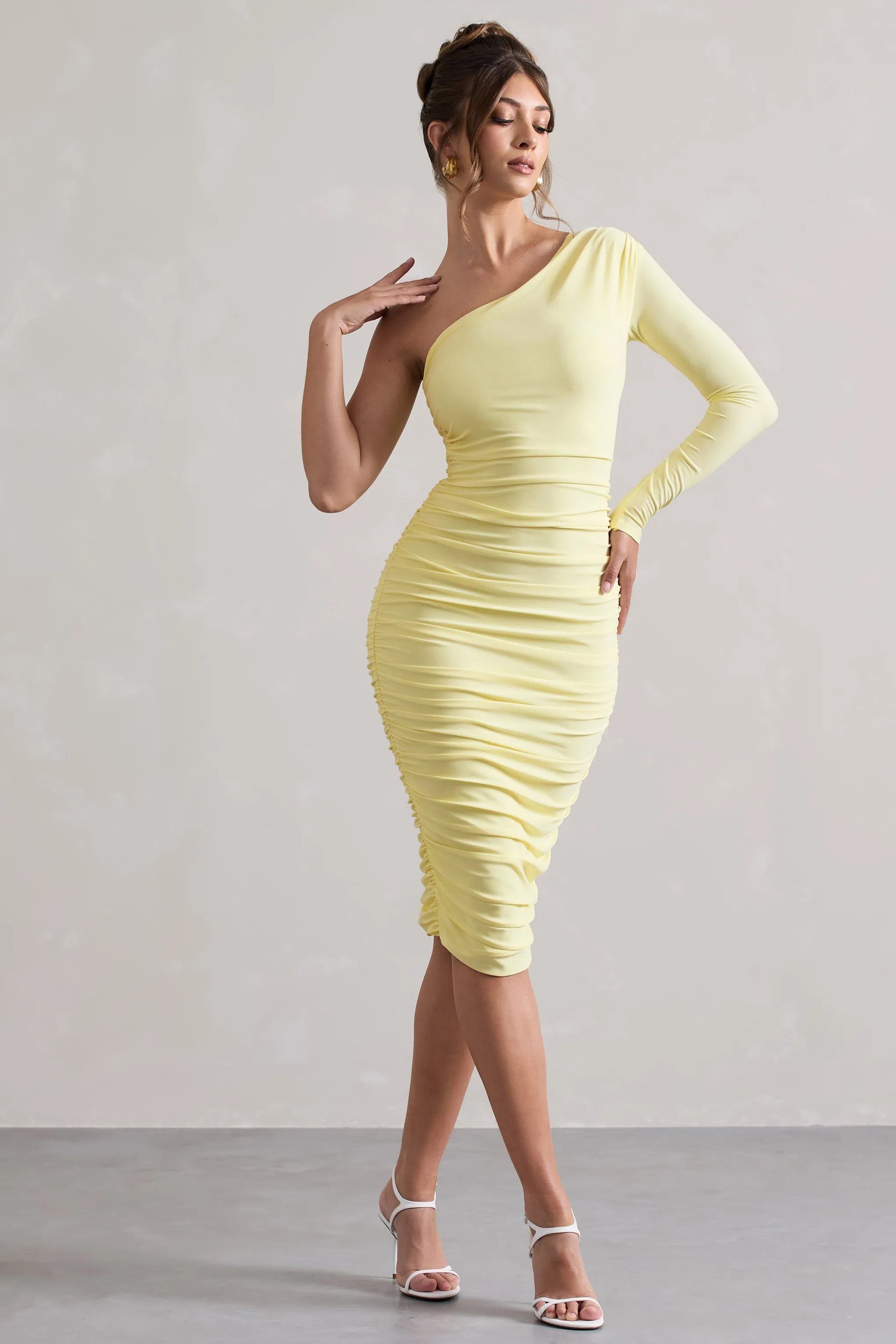 In The Shadows | Yellow One Sleeve Midi Dress With Ruching sold by Club L London product image thumbnail 4