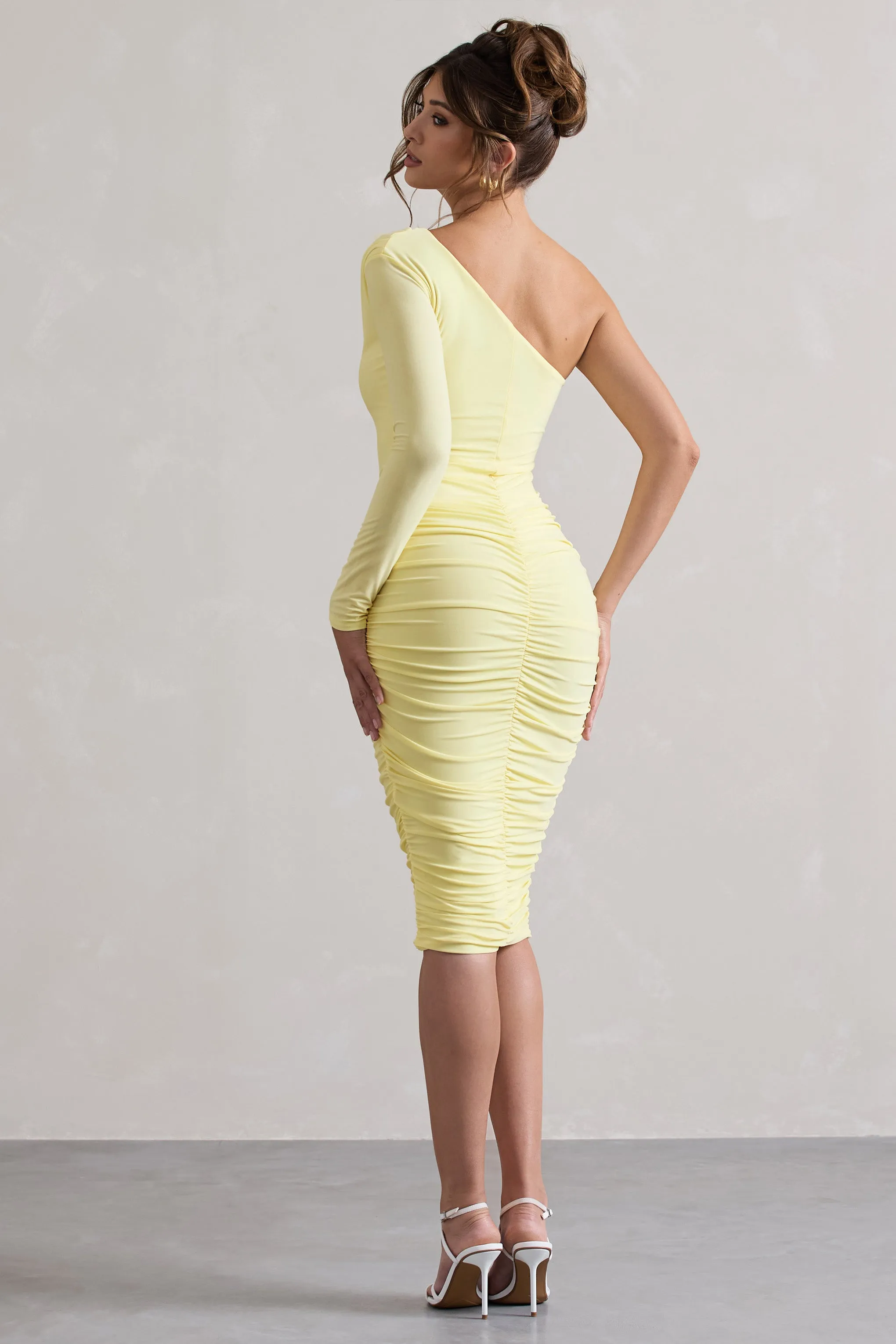 In The Shadows | Yellow One Sleeve Midi Dress With Ruching sold by Club L London product image thumbnail 2