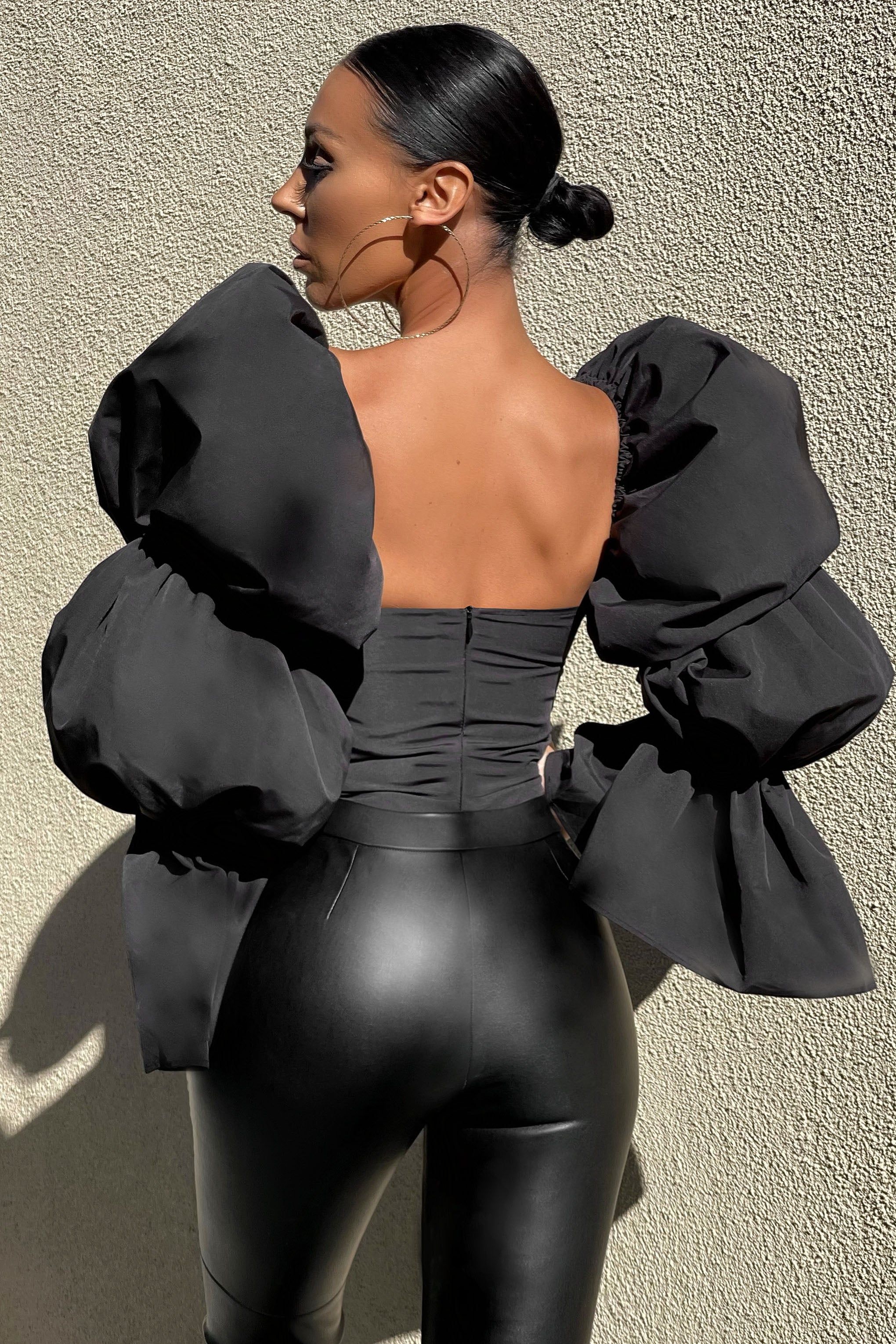 Maximum Impact | Black Exaggerated Puff Long Sleeve Ruched Bodysuit sold by Club L London product image thumbnail 2
