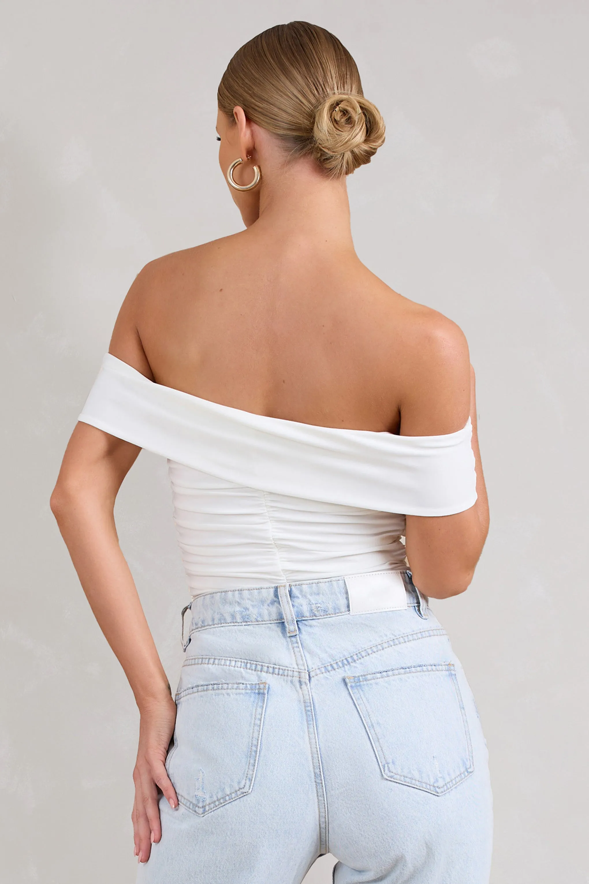 Ronnie | White Off The Shoulder Ruched Bodysuit sold by Club L London product image thumbnail 2