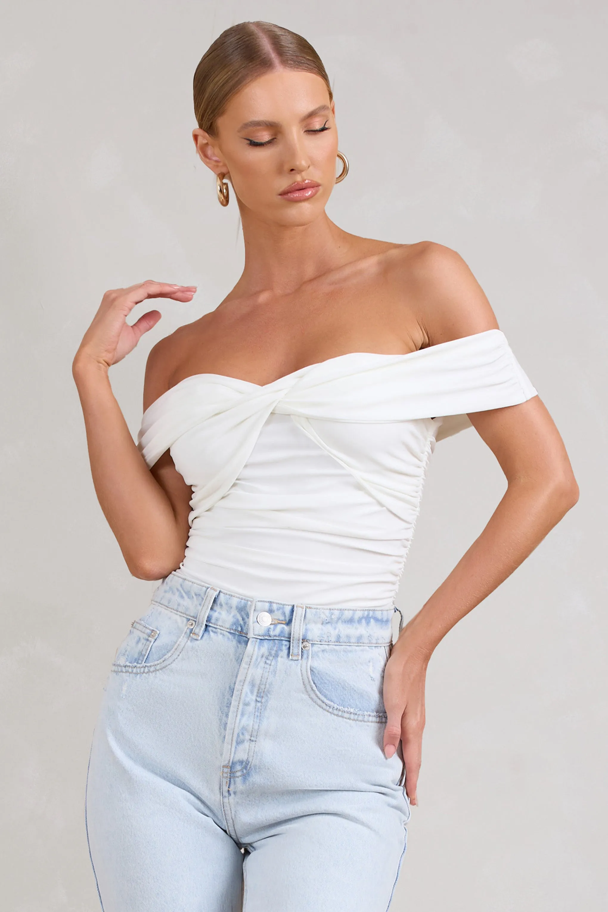 Ronnie | White Off The Shoulder Ruched Bodysuit sold by Club L London product image thumbnail 4