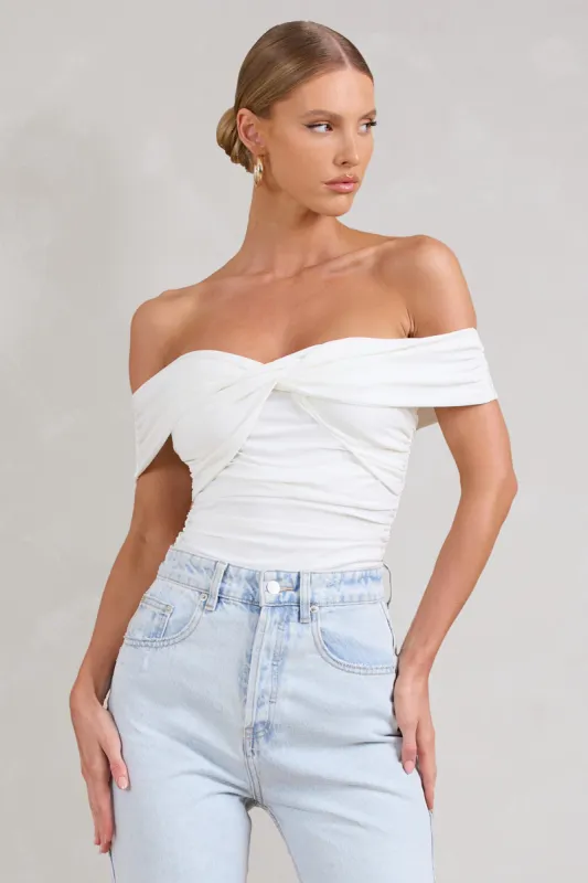 Ronnie | White Off The Shoulder Ruched Bodysuit sold by Club L London
