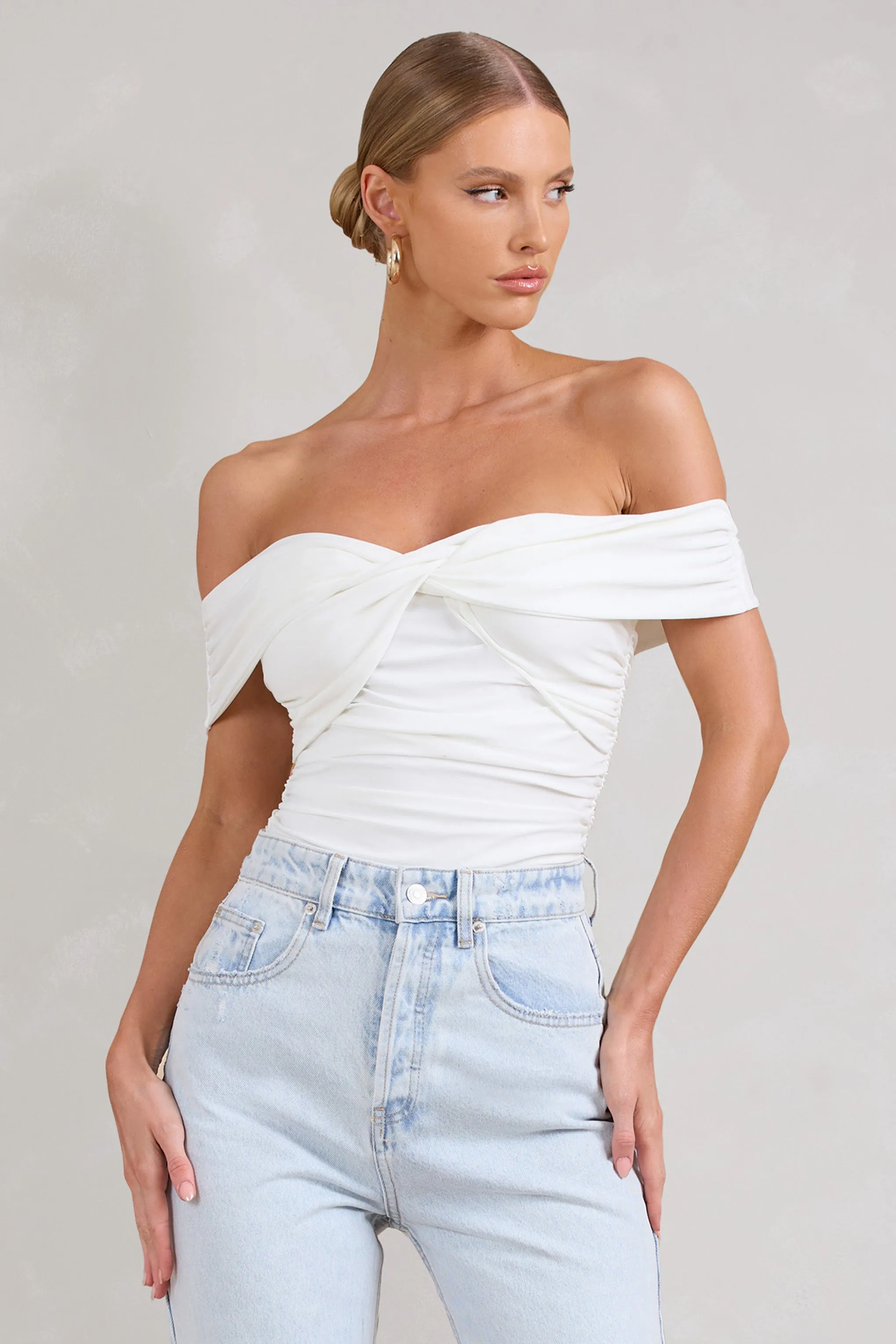 Ronnie | White Off The Shoulder Ruched Bodysuit sold by Club L London