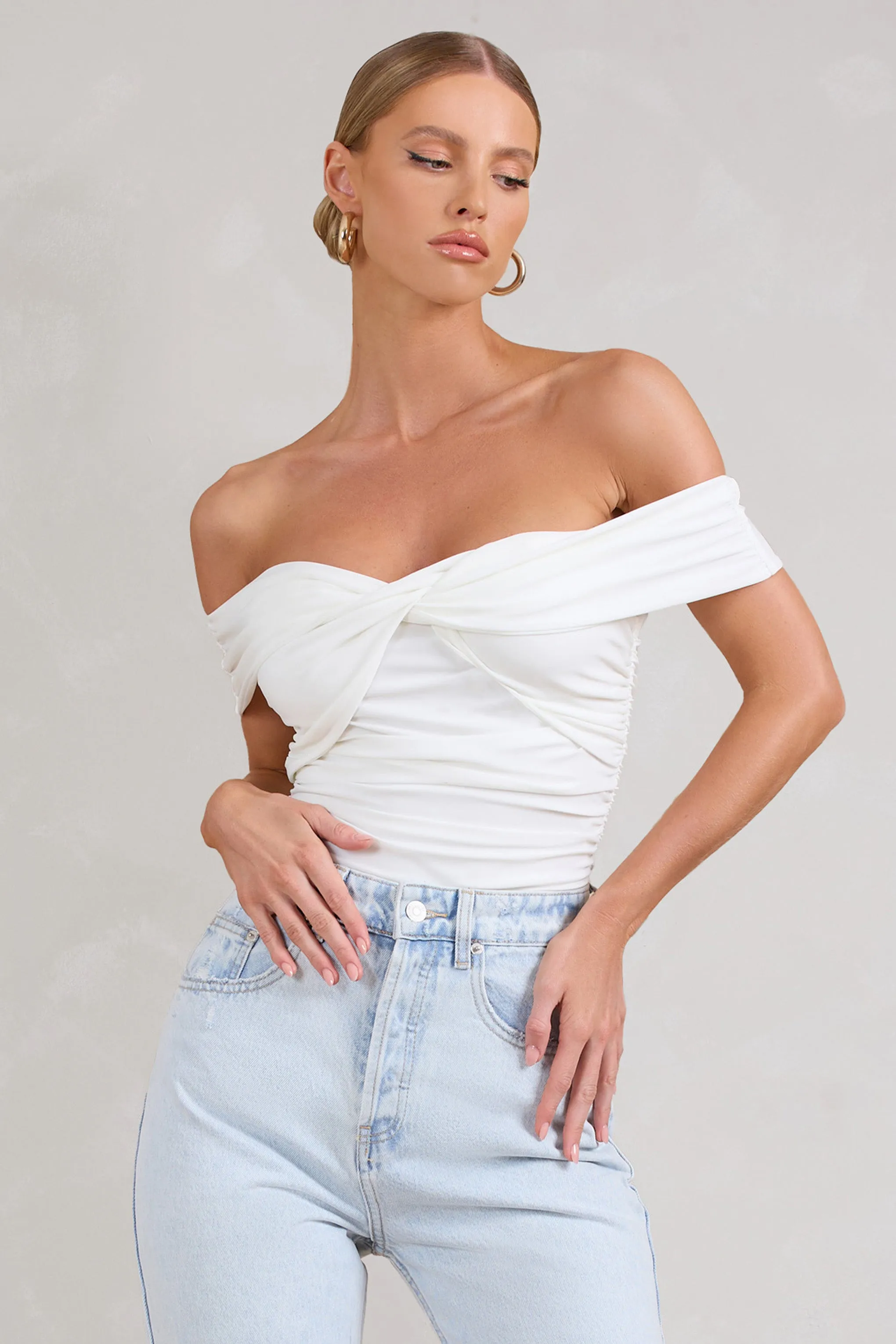 Ronnie | White Off The Shoulder Ruched Bodysuit sold by Club L London product image thumbnail 5