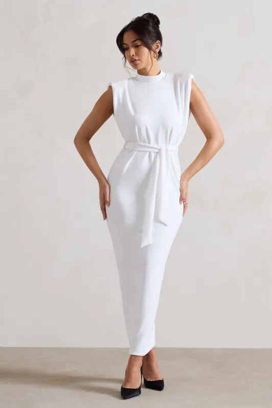 Abbie | Ecru High-Neck Maxi Dress With Tie Waist sold by Club L London
