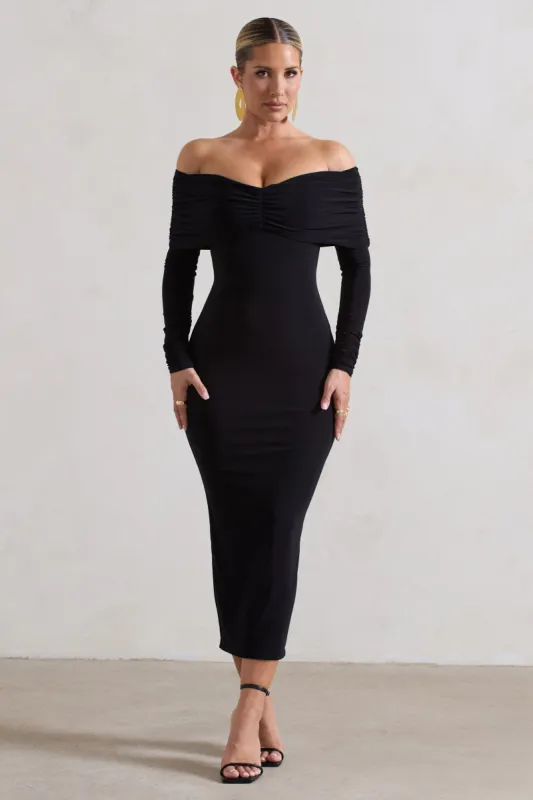 Marcella | Black Bodycon Bardot Midi Dress sold by Club L London