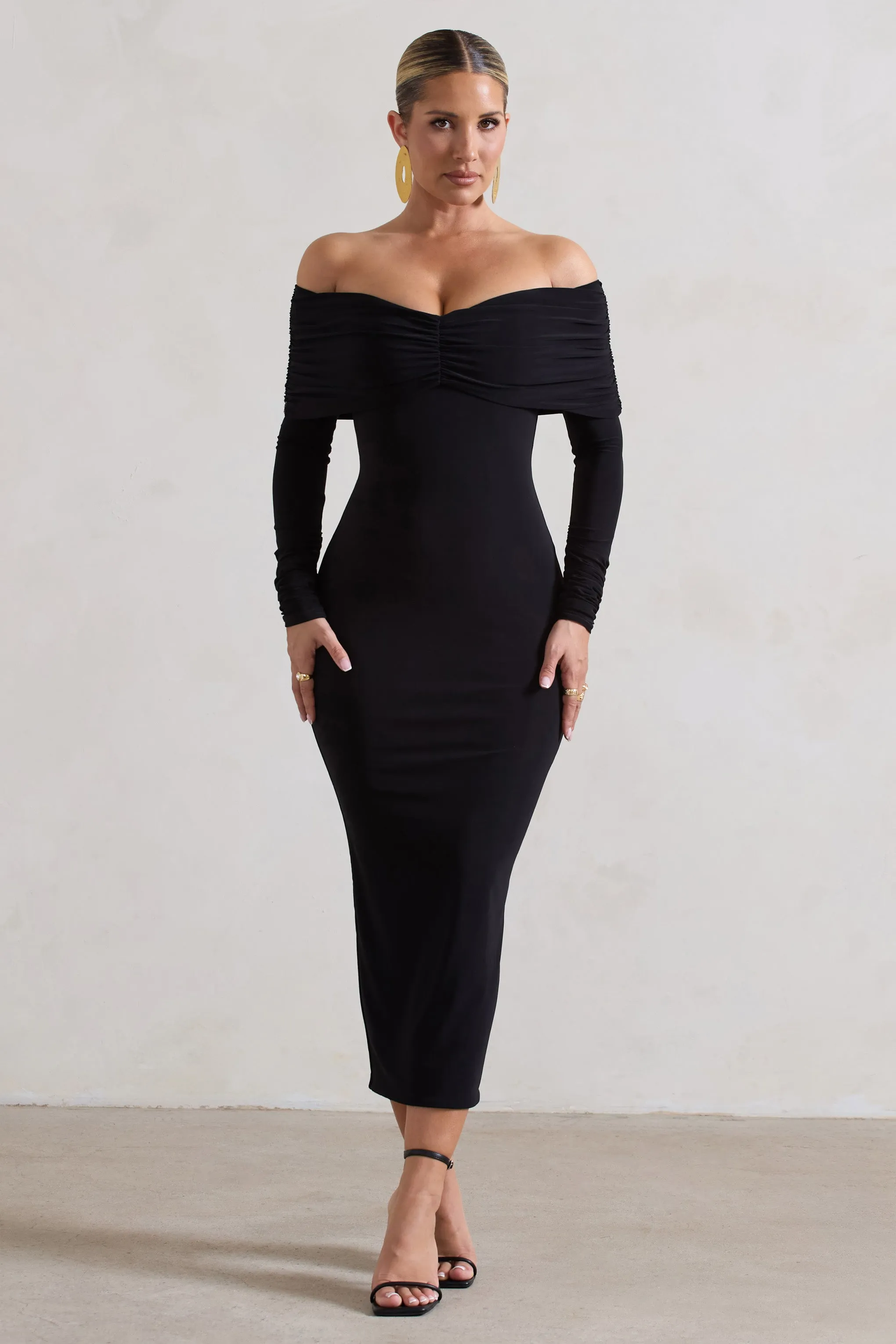 Marcella | Black Bodycon Bardot Midi Dress sold by Club L London