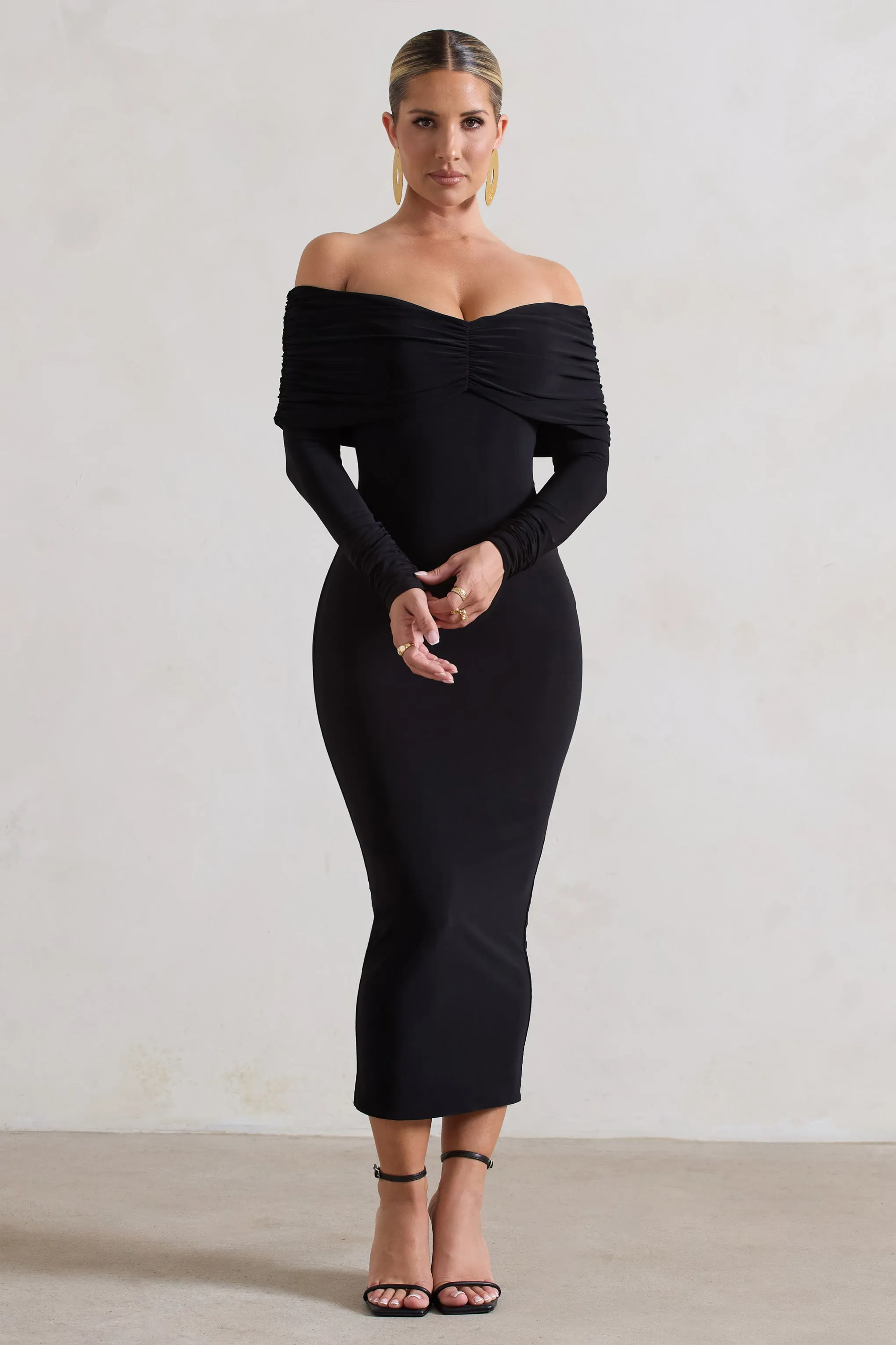 Marcella | Black Bodycon Bardot Midi Dress sold by Club L London product image thumbnail 4