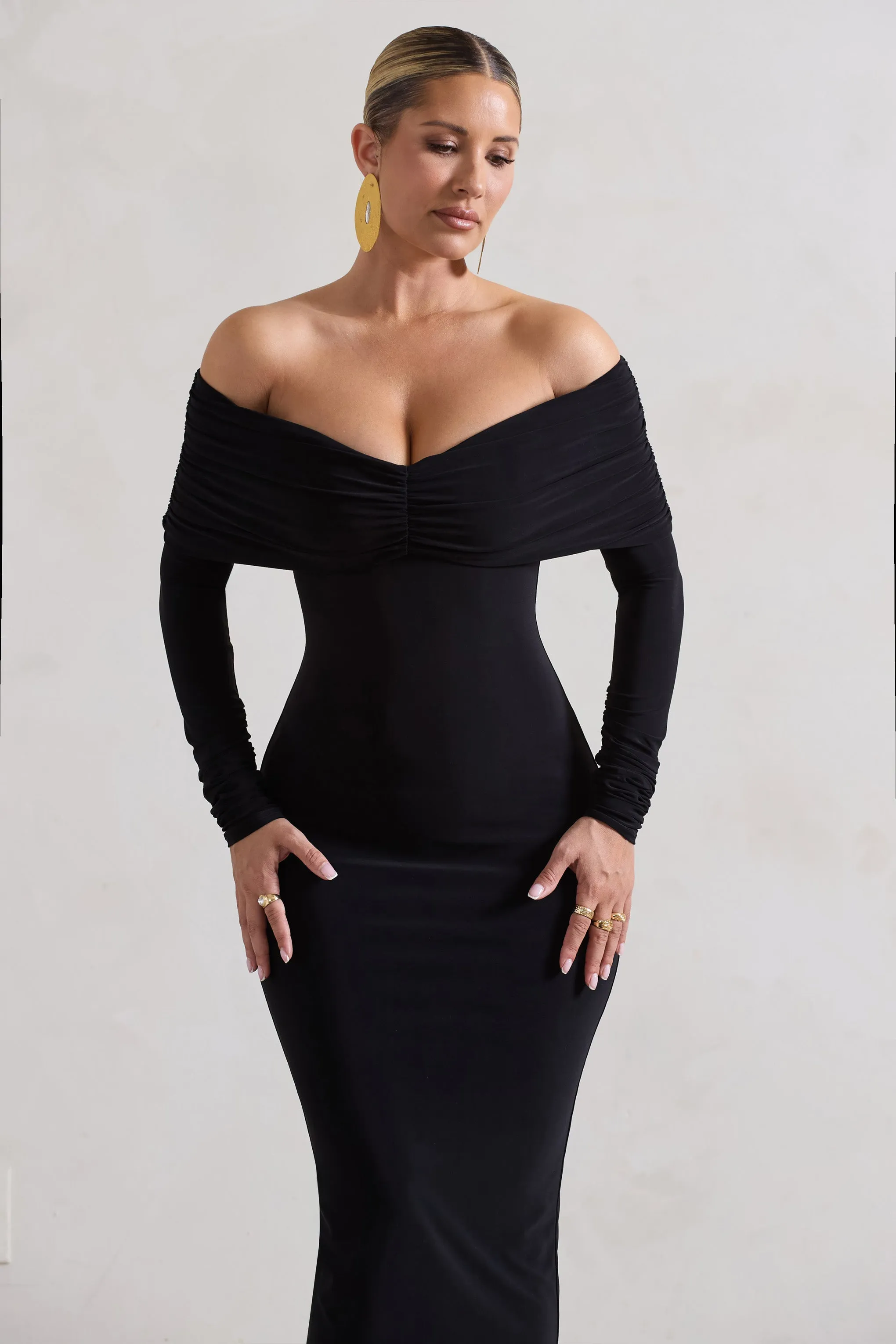 Marcella | Black Bodycon Bardot Midi Dress sold by Club L London product image thumbnail 3