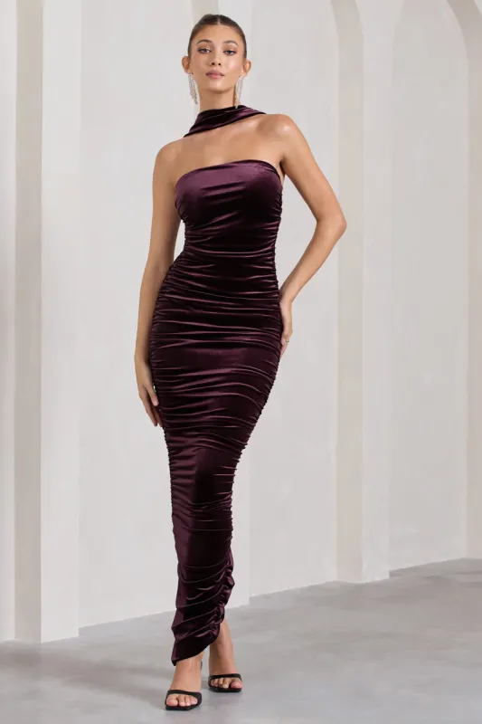 Cayenne | Dark Purple Velvet Halter-Neck Bandeau Maxi Dress sold by Club L London
