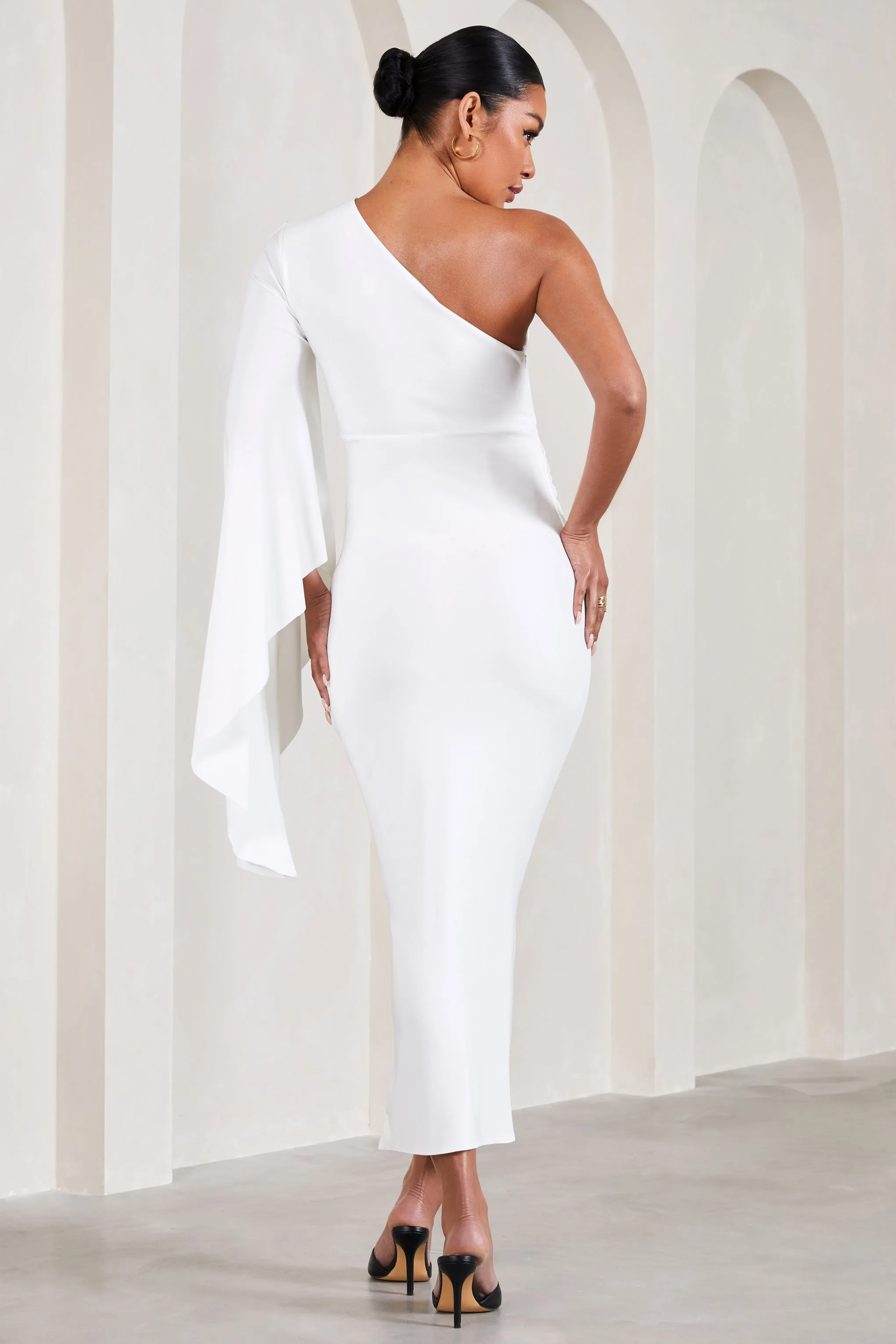 Adeline | White Ruched Asymmetric Split Maternity Midi Dress With Cape Sleeve sold by Club L London product image thumbnail 2