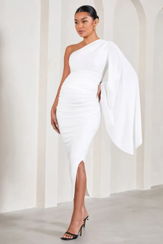 Adeline | White Ruched Asymmetric Split Maternity Midi Dress With Cape Sleeve sold by Club L London