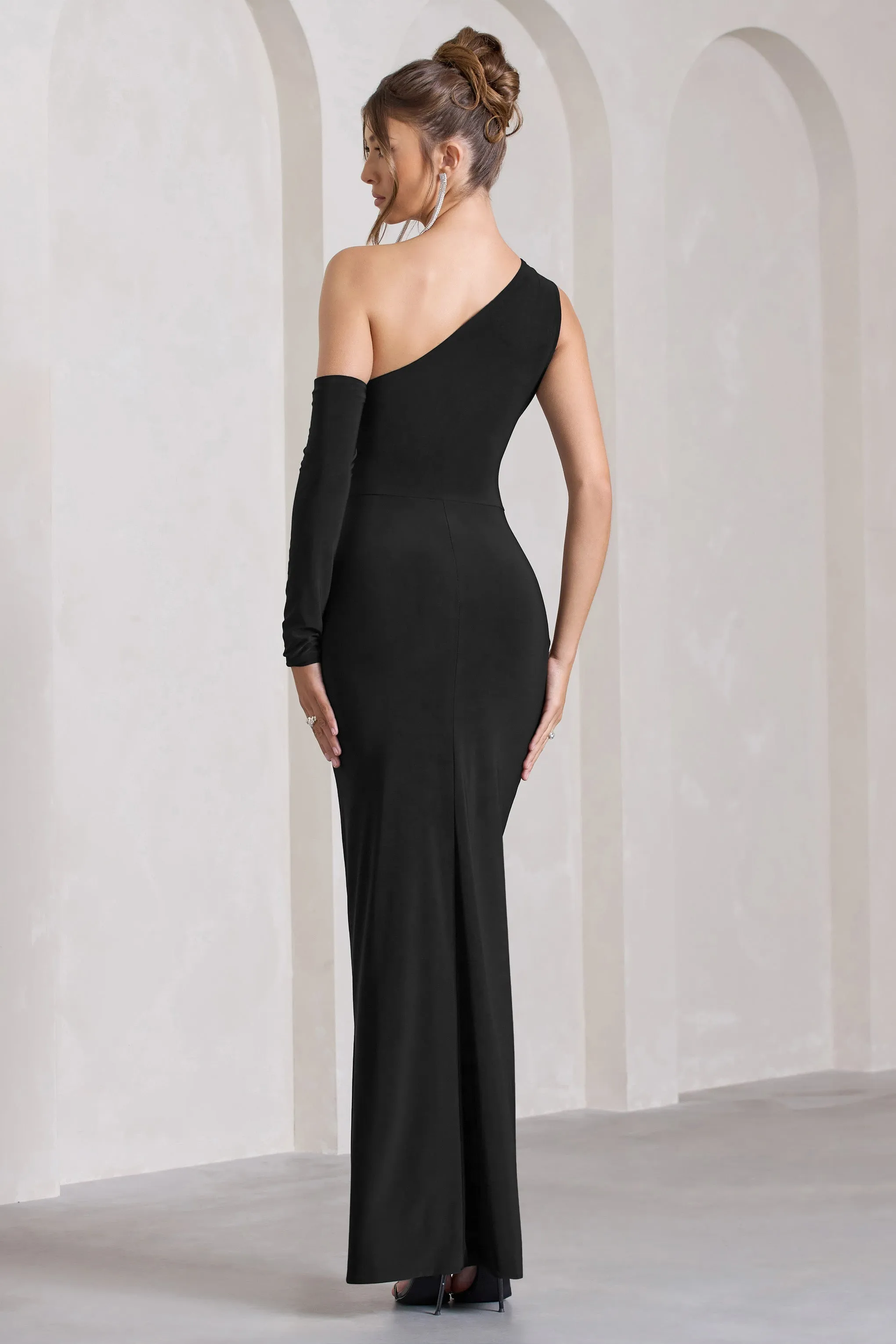 Carlina | Black Ruched One Shoulder Cut-Out Split Maxi Dress sold by Club L London product image thumbnail 2