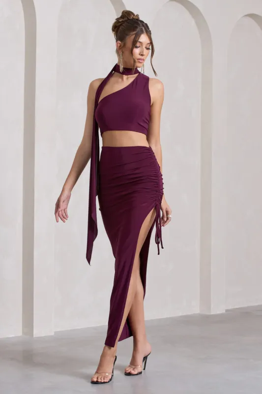 In The Air | Plum Ruched Asymmetric High-Waisted Maxi Skirt sold by Club L London