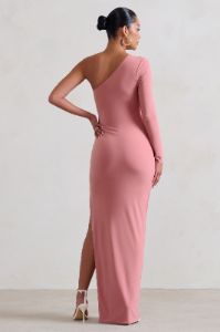 Paloma | Pink Maternity One Sleeve Asymmetric Maxi Dress sold by Club L London