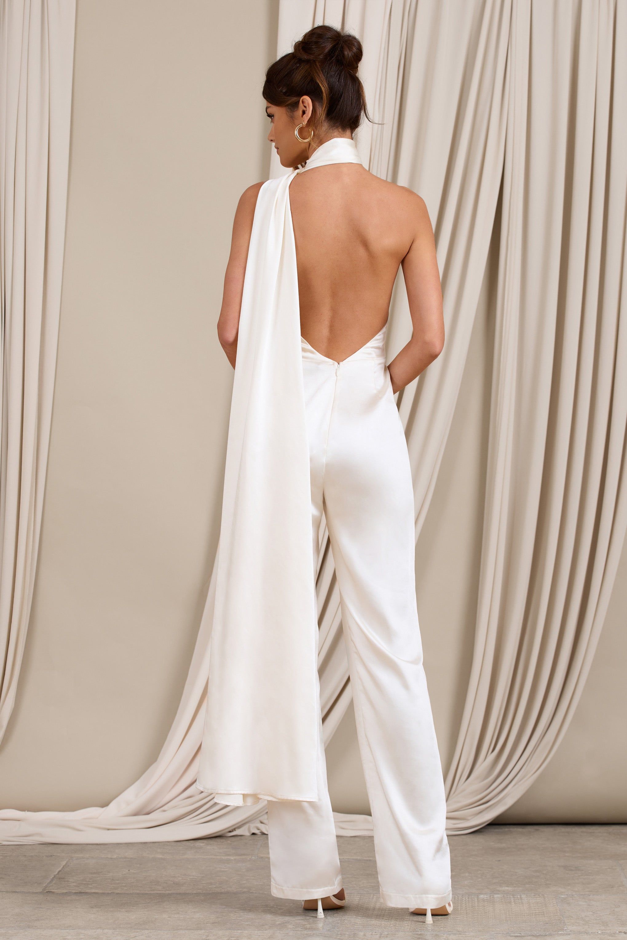 Cascada | Cream Satin Halter Jumpsuit With Draped Scarf sold by Club L London product image thumbnail 2