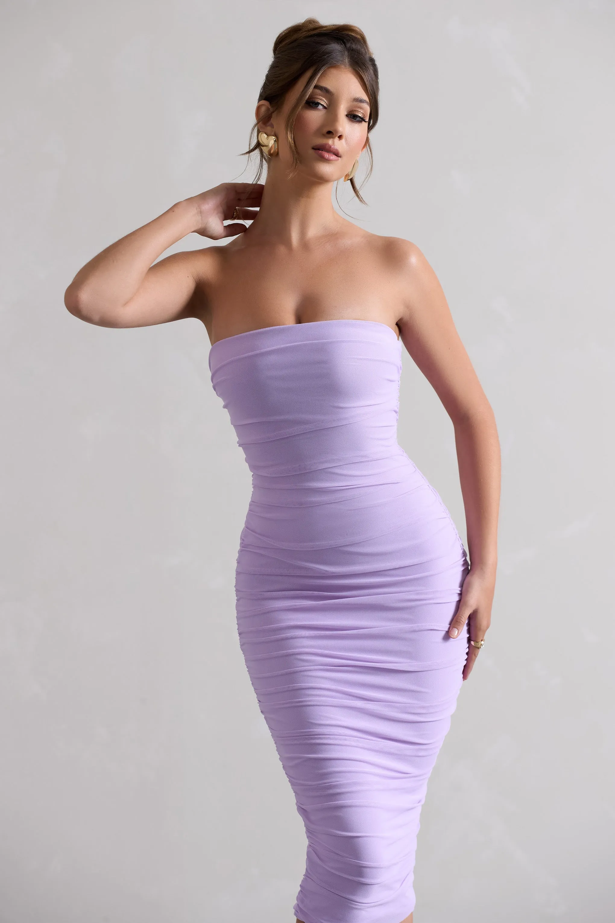 My Girl | Lilac Strapless Bodycon Ruched Mesh Midi Dress sold by Club L London product image thumbnail 3