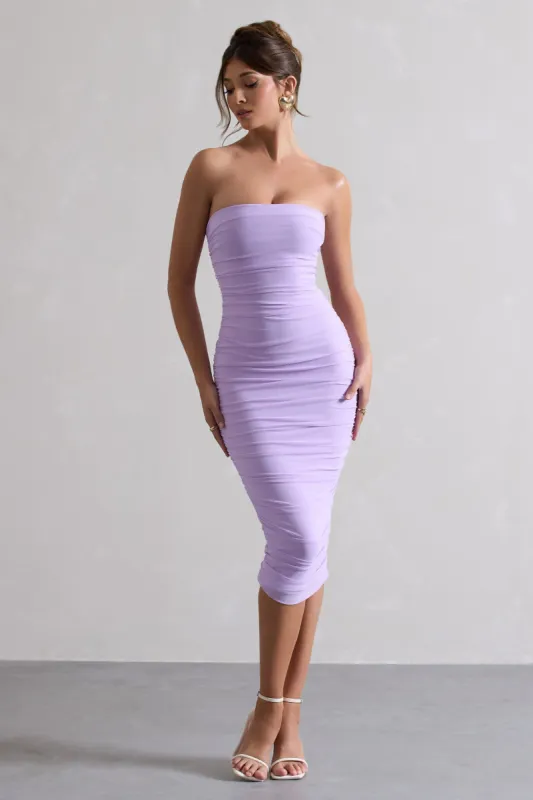 My Girl | Lilac Strapless Bodycon Ruched Mesh Midi Dress sold by Club L London