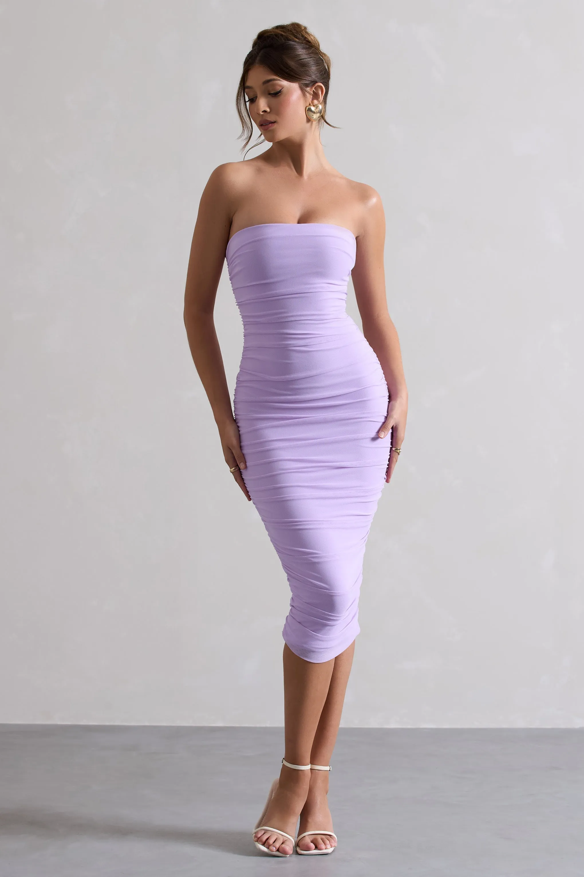 My Girl | Lilac Strapless Bodycon Ruched Mesh Midi Dress sold by Club L London