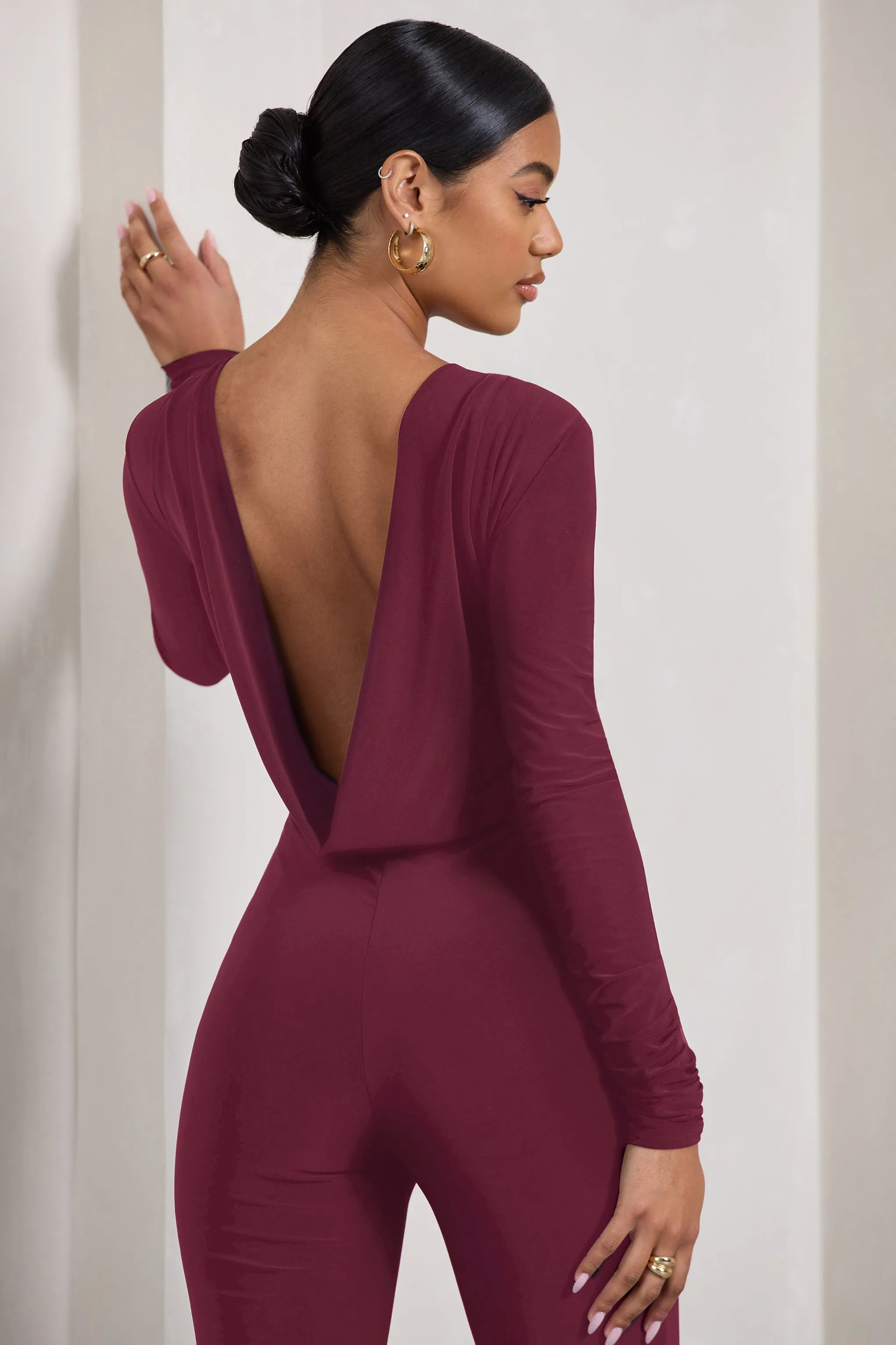 Lana | Burgundy Long-Sleeved Flared-Leg Jumpsuit sold by Club L London product image thumbnail 3