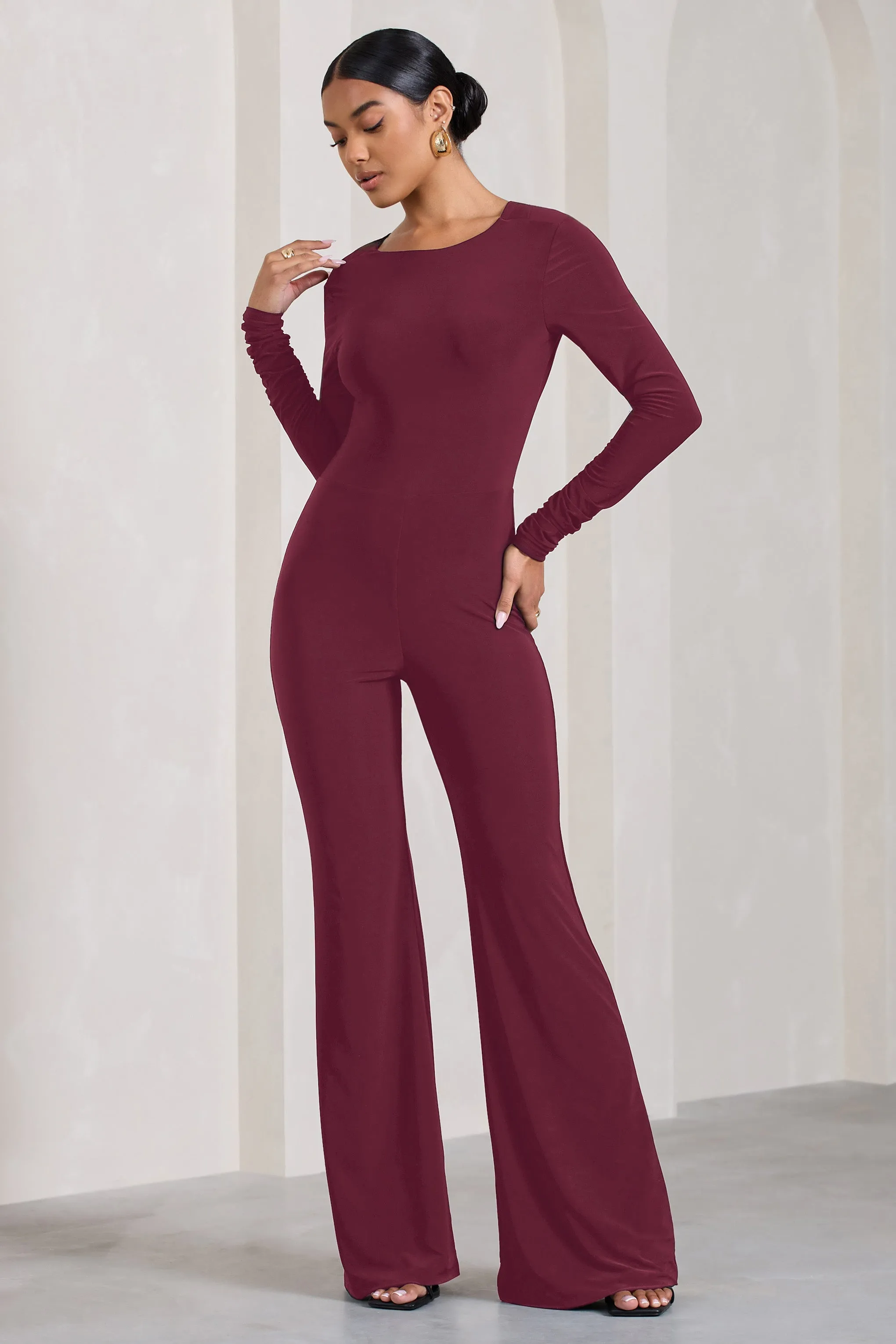 Lana | Burgundy Long-Sleeved Flared-Leg Jumpsuit sold by Club L London product image thumbnail 4