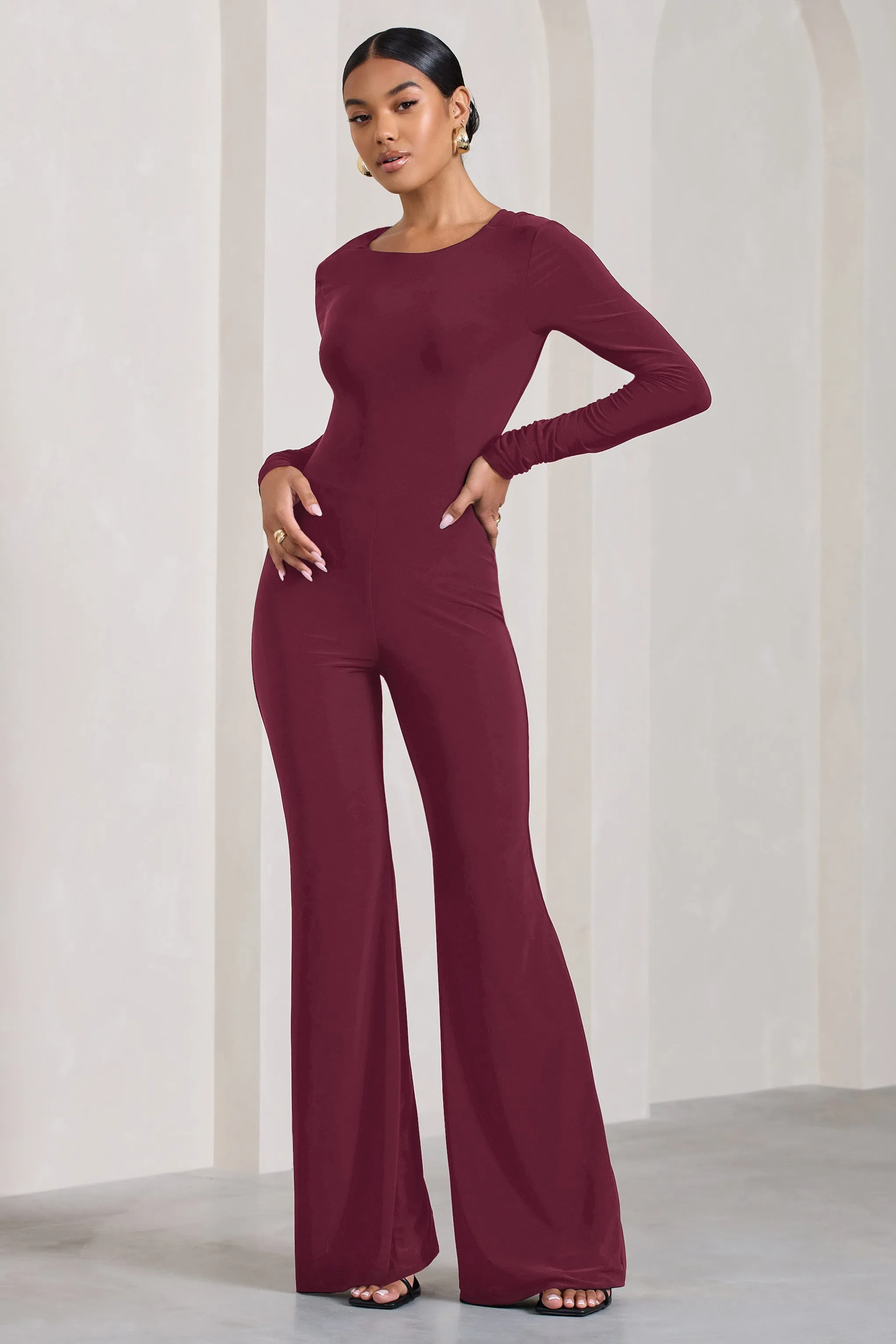 Lana | Burgundy Long-Sleeved Flared-Leg Jumpsuit sold by Club L London product image thumbnail 2