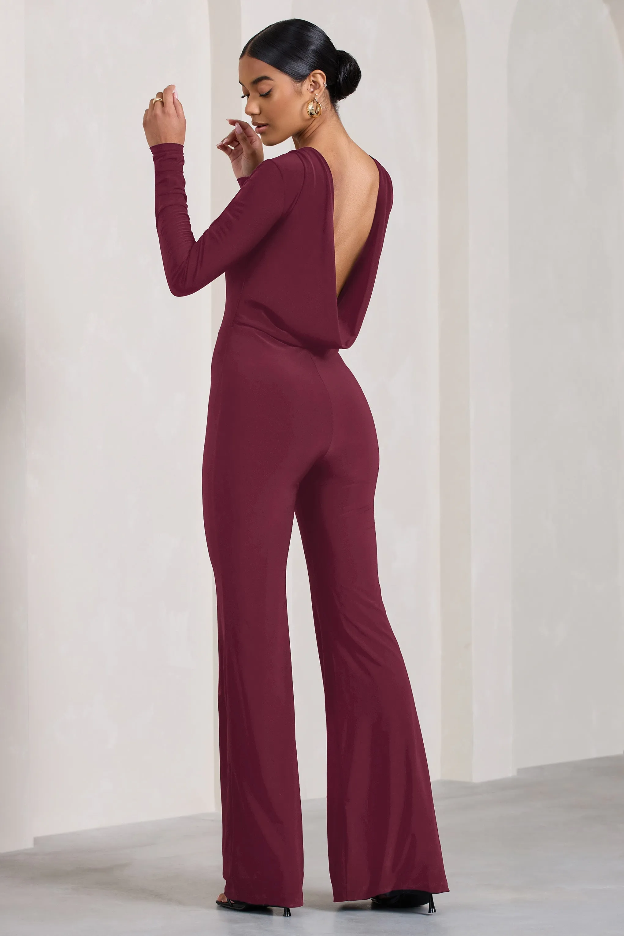 Lana | Burgundy Long-Sleeved Flared-Leg Jumpsuit sold by Club L London