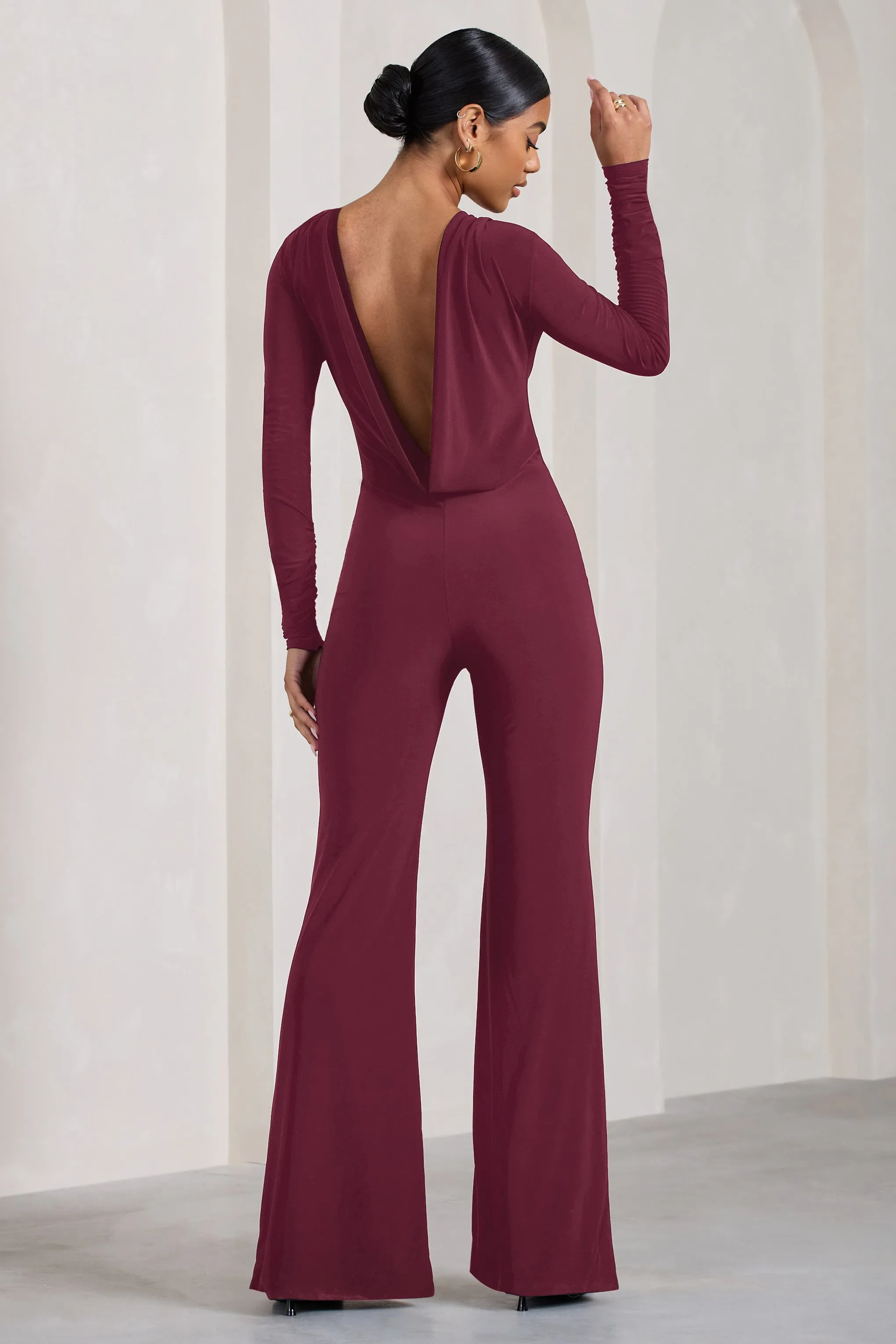 Lana | Burgundy Long-Sleeved Flared-Leg Jumpsuit sold by Club L London product image thumbnail 5